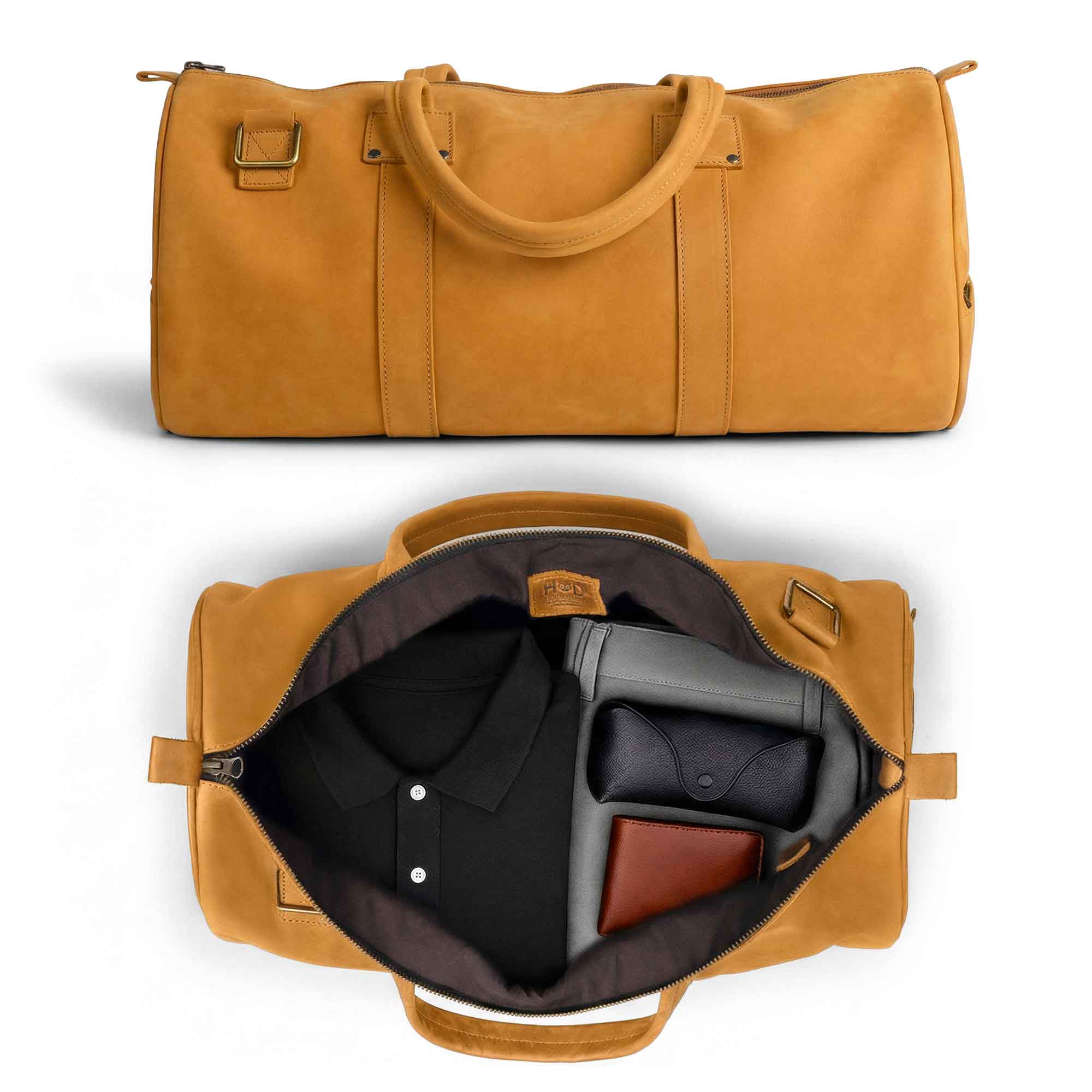 Inside view of the Classic Duffle Bag by Hide & Drink in orange, featuring ample room for personal items. This Full Grain Leather Classic Duffle Bag includes an adjustable strap and zipper closure, perfect as a Messenger Bag for travel, handmade in La Antigua Guatemala & Oaxaca Mexico.