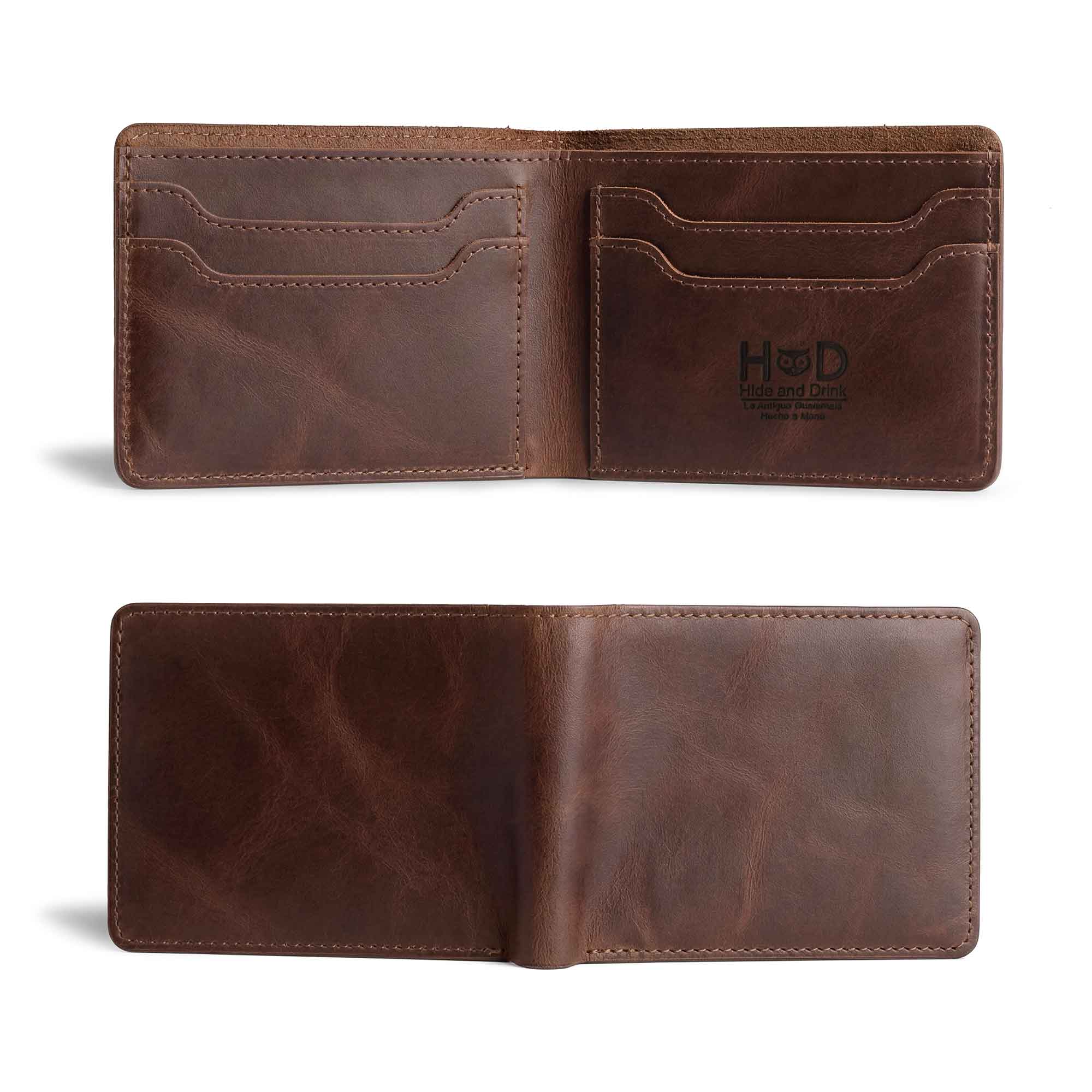 Inside view of the Classic Wallet from Hide & Drink showing multiple card slots, perfect for organization. This Classic Bifold Wallet is handcrafted from Full Grain Leather, making it a durable storage case for identification. Ideal as a travel accessory, this artisan-made wallet features small batch production techniques. Hand cut and hand sewn in La Antigua Guatemala & Oaxaca Mexico.