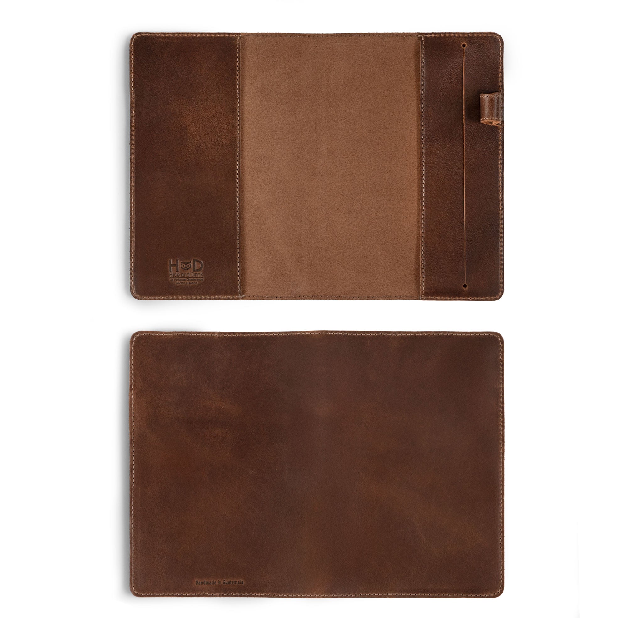 Inside view of the Cover for Leuchtturm1917 Classic Notebook Hard Cover B6+ Size (125 x 190 mm) by Hide & Drink, featuring a durable Journal Case made from Full Grain Leather, emphasizing its Hand Cut and Hand Sewn craftsmanship, perfect for artists and writers.