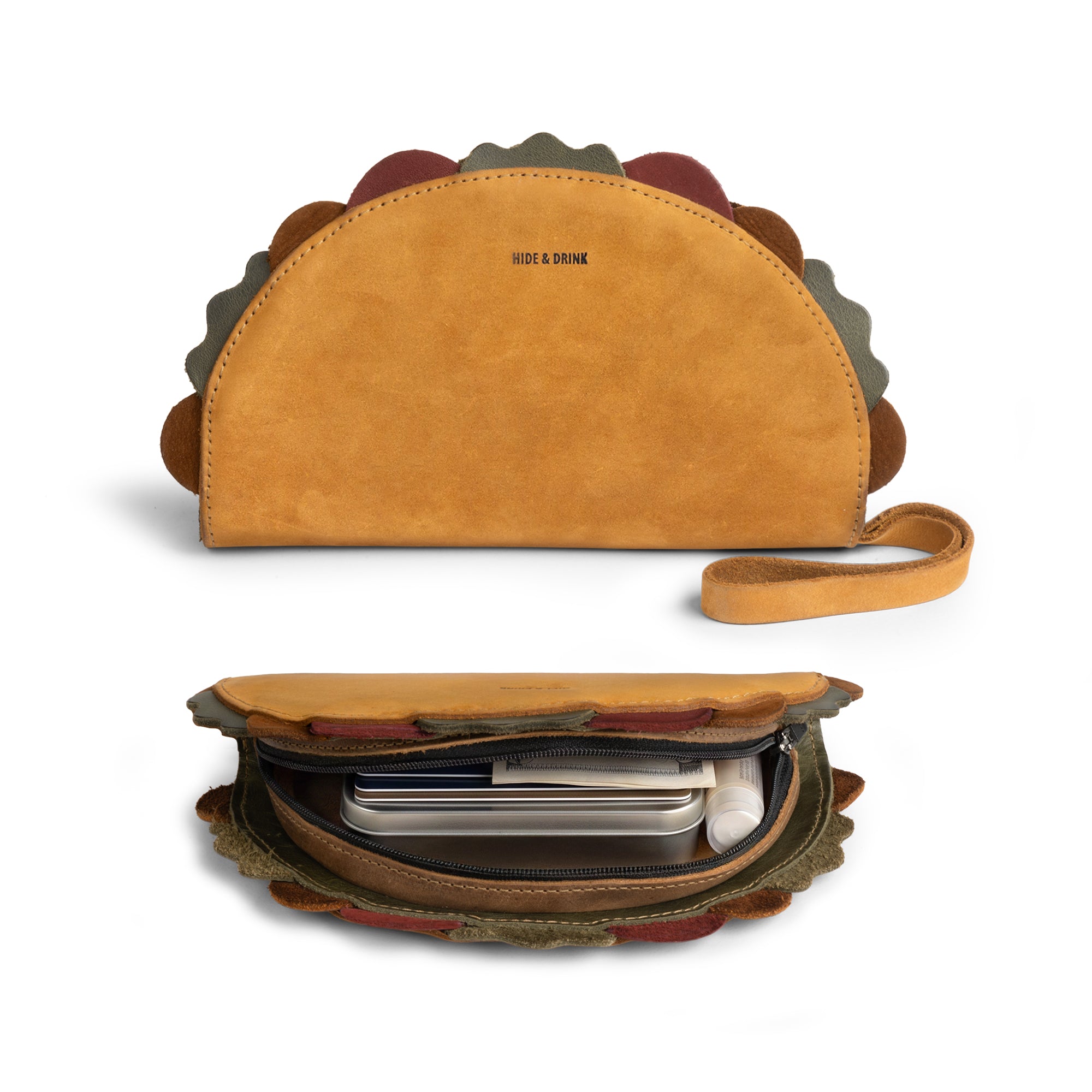 Explore the interior of the Multipurpose Taco Wallet by Hide & Drink, showcasing its thoughtful design and Full Grain Leather craftsmanship. A playful yet practical accessory, perfect for travel and back-to-school, making it an ideal gift option for graduation or for him. Adding this wallet to your accessories collection enhances your style with a unique flair in the wallets and women's collection.