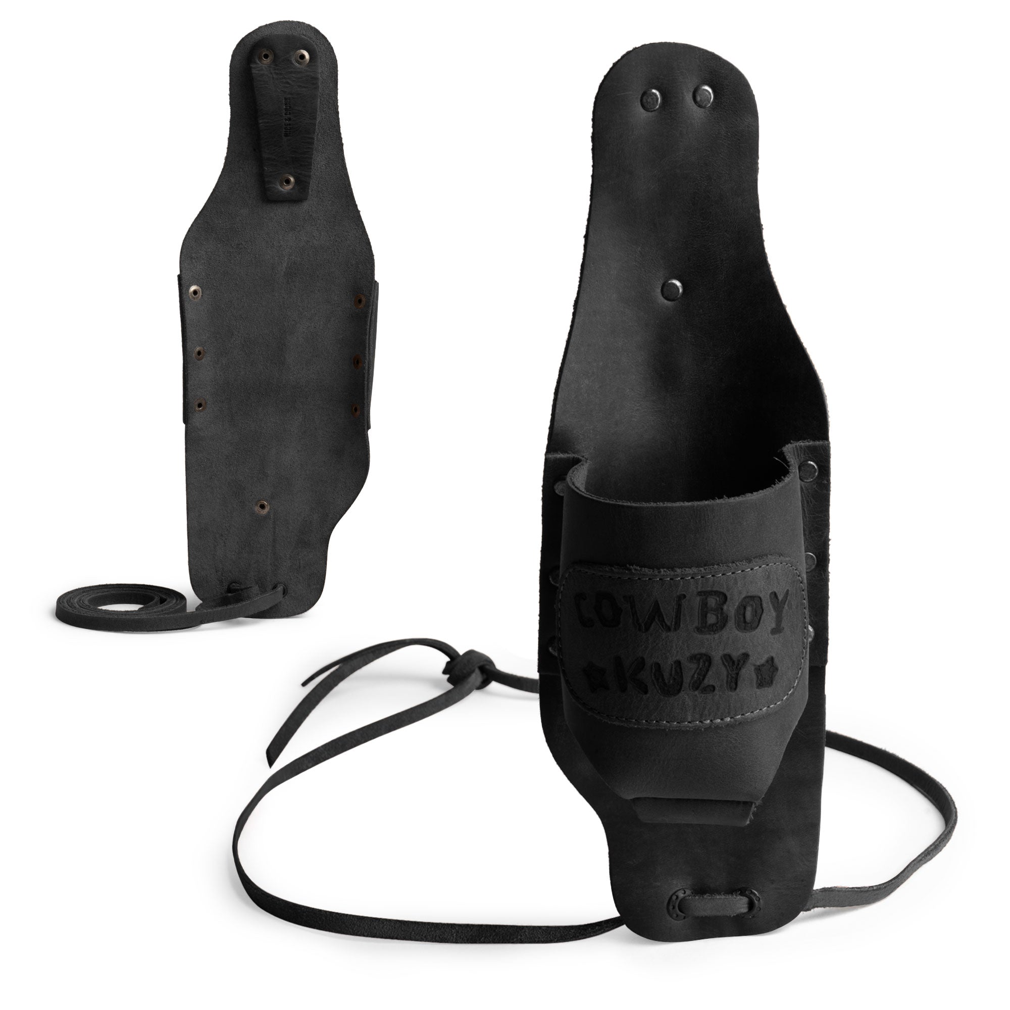 Hide & Drink Beer Holster Cowboy Buzy, a functional and stylish Beer Holster for Cowboy that allows you to keep your drink hands-free. This Western Bottle Leg Grip is made from durable full grain leather, reflecting small batch artisan production in La Antigua Guatemala.