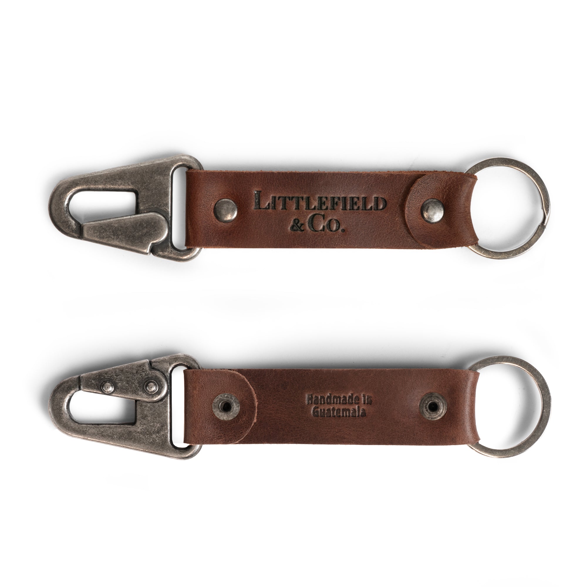 Reverse view of the Vintage Adventure Keychain by Littlefield Chicago, showcasing a keychain strap with ring and a keychain with clasp. This rectangular key chain for men is a practical travel accessory ideal for small key organization. Crafted from full grain leather, it embodies artisan quality through stockyardX standards of small batch production, hand cut, and hand sewn techniques, with a fire branded finish, all made in La Antigua Guatemala & Oaxaca Mexico.