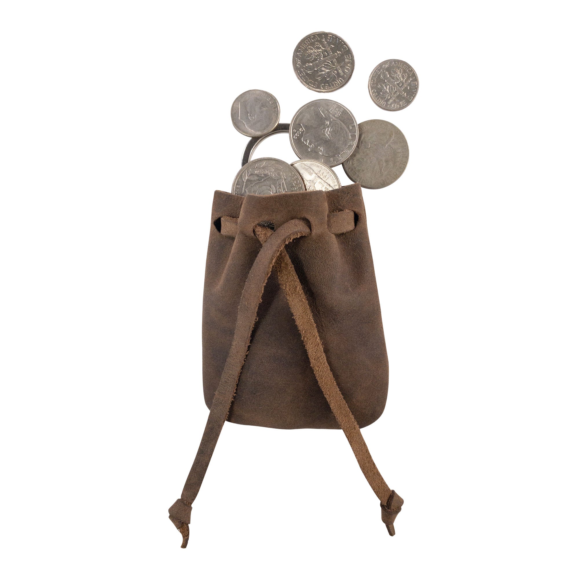 The Mini Medieval Pouch Keychain by Hide & Drink, shown with coins inside, is a tiny bag with keyring perfect for organizing coins. Made of full grain leather, this coin pouch highlights artisan craftsmanship with hand-cut, hand-sewn details, and is rooted in small batch production from La Antigua Guatemala and Oaxaca Mexico.