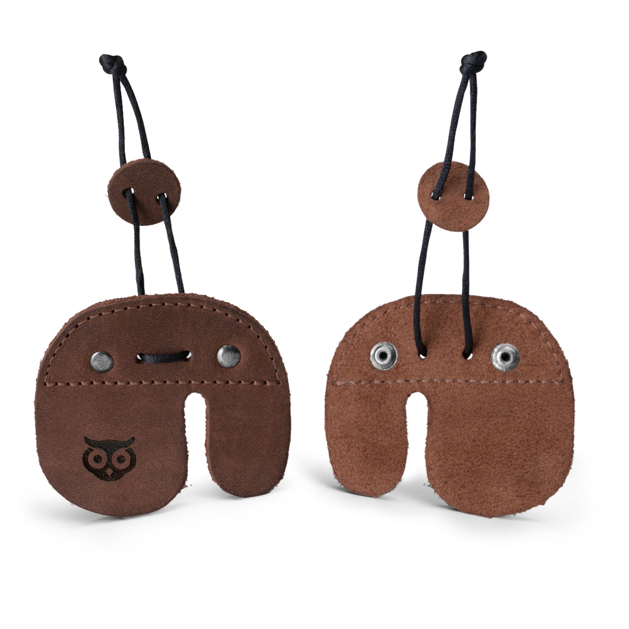 Hide & Drink Left Handed Archery Finger Protector displayed from the front and back. This Archery Finger Tab functions as a Protect Guard for Recurve Bows, crafted from durable Full Grain Leather. Perfect for shooting practice gear, this finger protector is handmade in La Antigua Guatemala & Oaxaca Mexico, showcasing small batch production and expert craftsmanship from StockyardX.