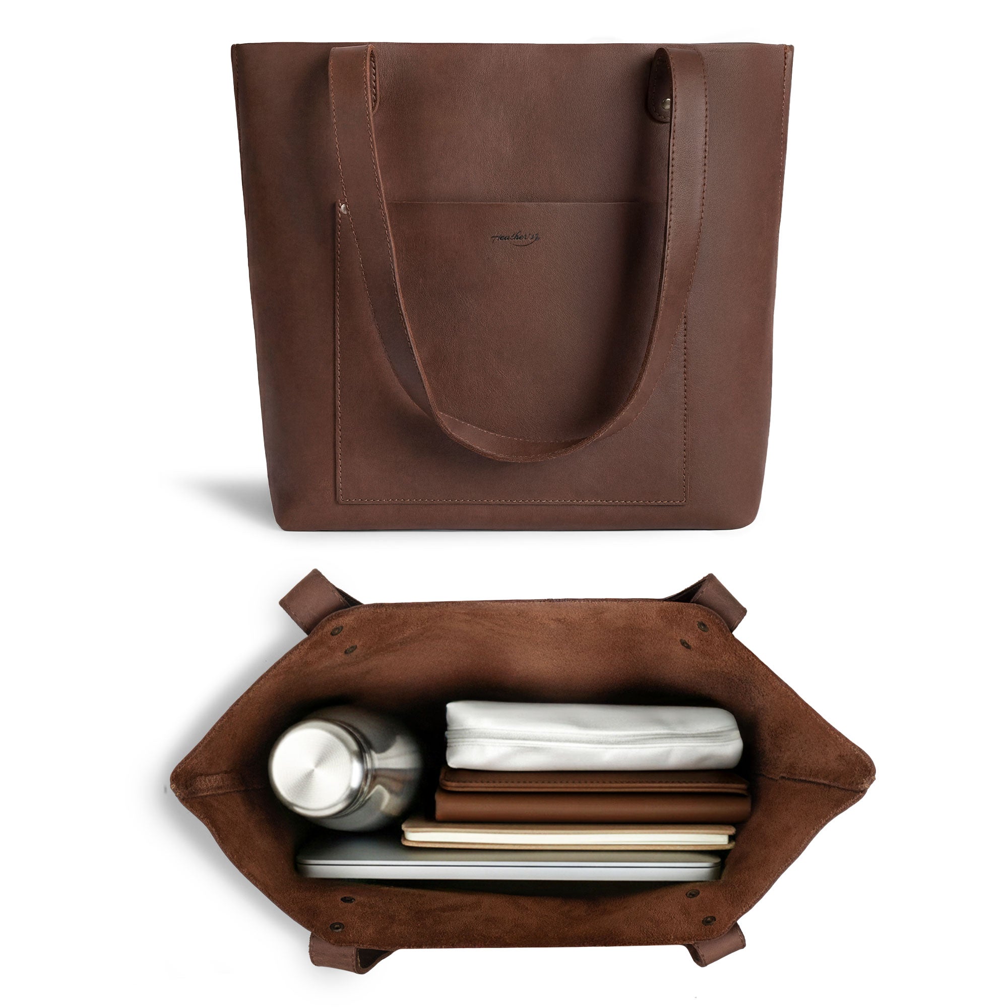 Heather's Minimalist Tote Bag With Pouch being used practically, holding a laptop and personal items. This Classic Tote Bag Shoulder Bag for Women with Pouch showcases full grain leather craftmanship with artisan, handmade details in La Antigua Guatemala.