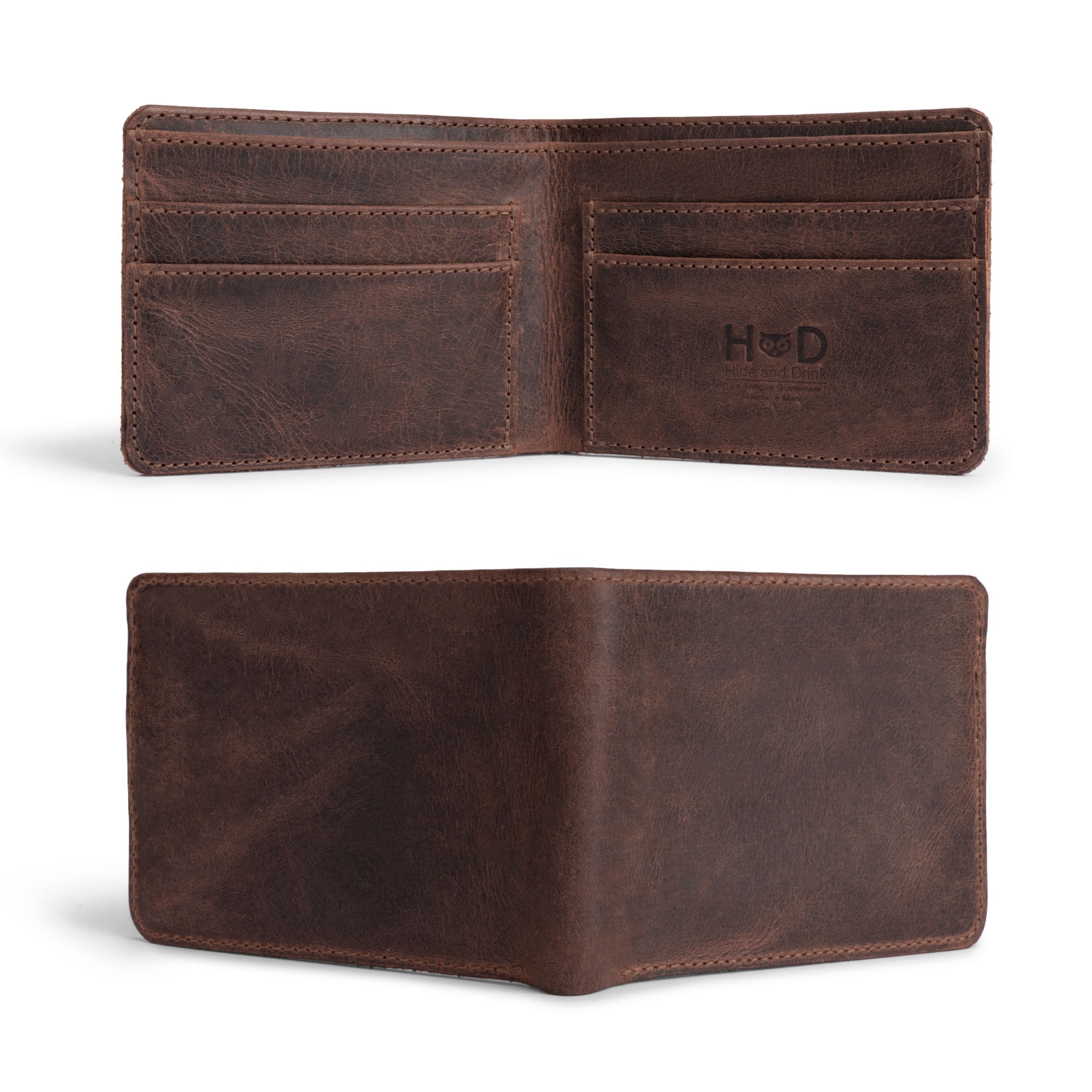 Hide & Drink's Bifold Wallet slightly open, revealing slots for cards, showcasing its functionality. This Slim Bifold Wallet is a stylish billfold for organizing money and cards, a practical travel accessory made from full grain leather, artisan handmade in La Antigua Guatemala & Oaxaca Mexico.