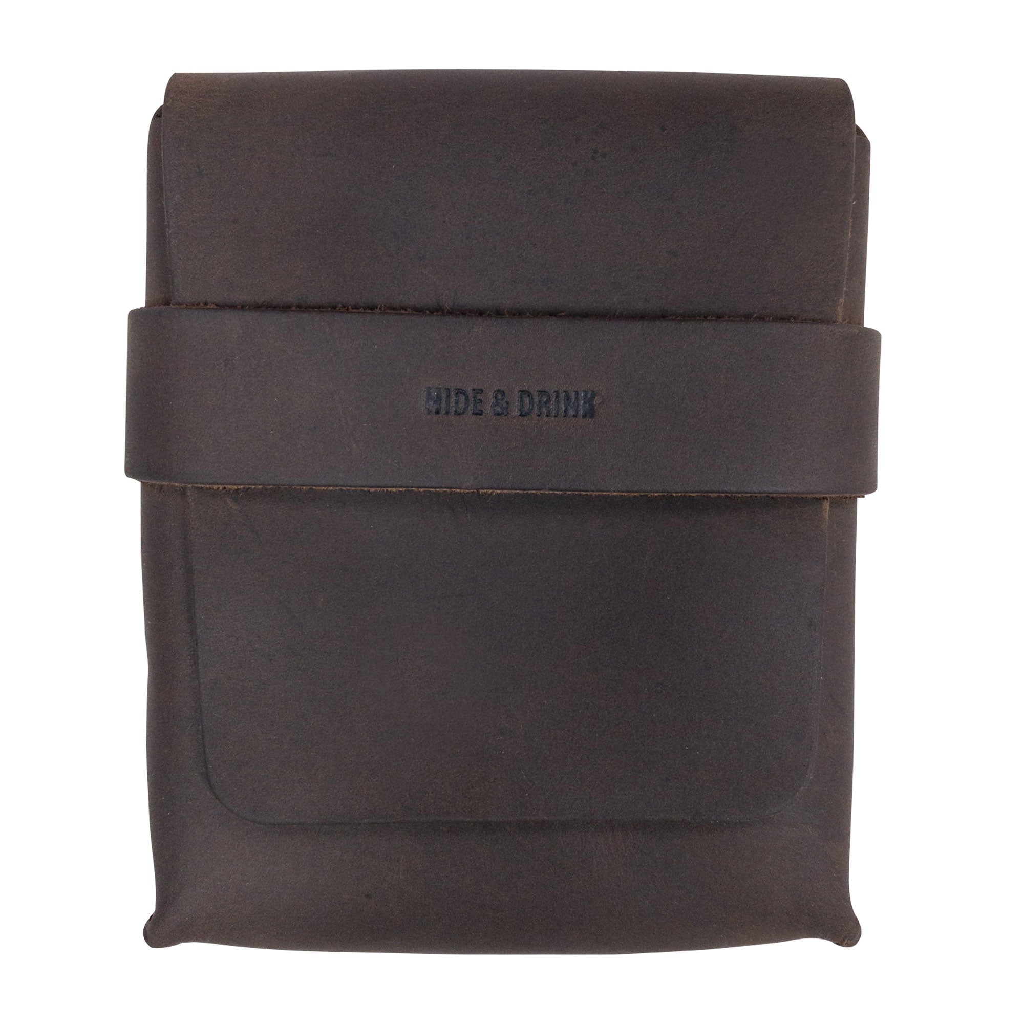 Hide & Drink Card Organizer Pouch displayed from the front, highlighting its sleek and functional design. This vintage case is perfect for holding up to 12 cards plus folded bills, made of full grain leather and showcasing small batch production, hand cut, hand sewn, and fire branded artisanal craftsmanship.