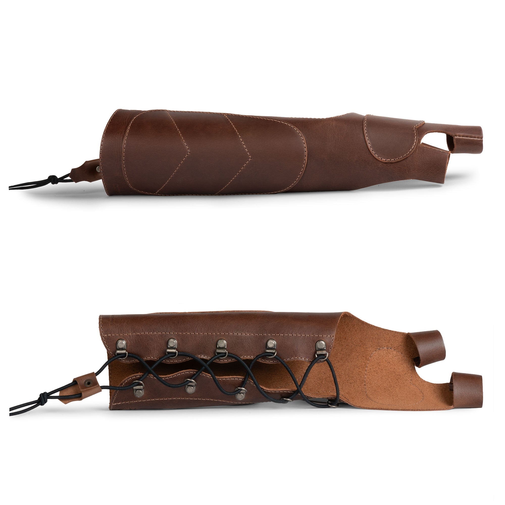 Close-up view of The Bowmaster, Forearm Guard for Archers by Valhalla Gear. Crafted from full grain leather, this forearm protector features intricate lacing for optimal fit, making it a must-have bracer for archers of all skill levels. This handmade piece reflects the dedication to quality and artisan craftsmanship from Oaxaca Mexico, ensuring durability and style. Perfect for men and women seeking archery wrist guards.