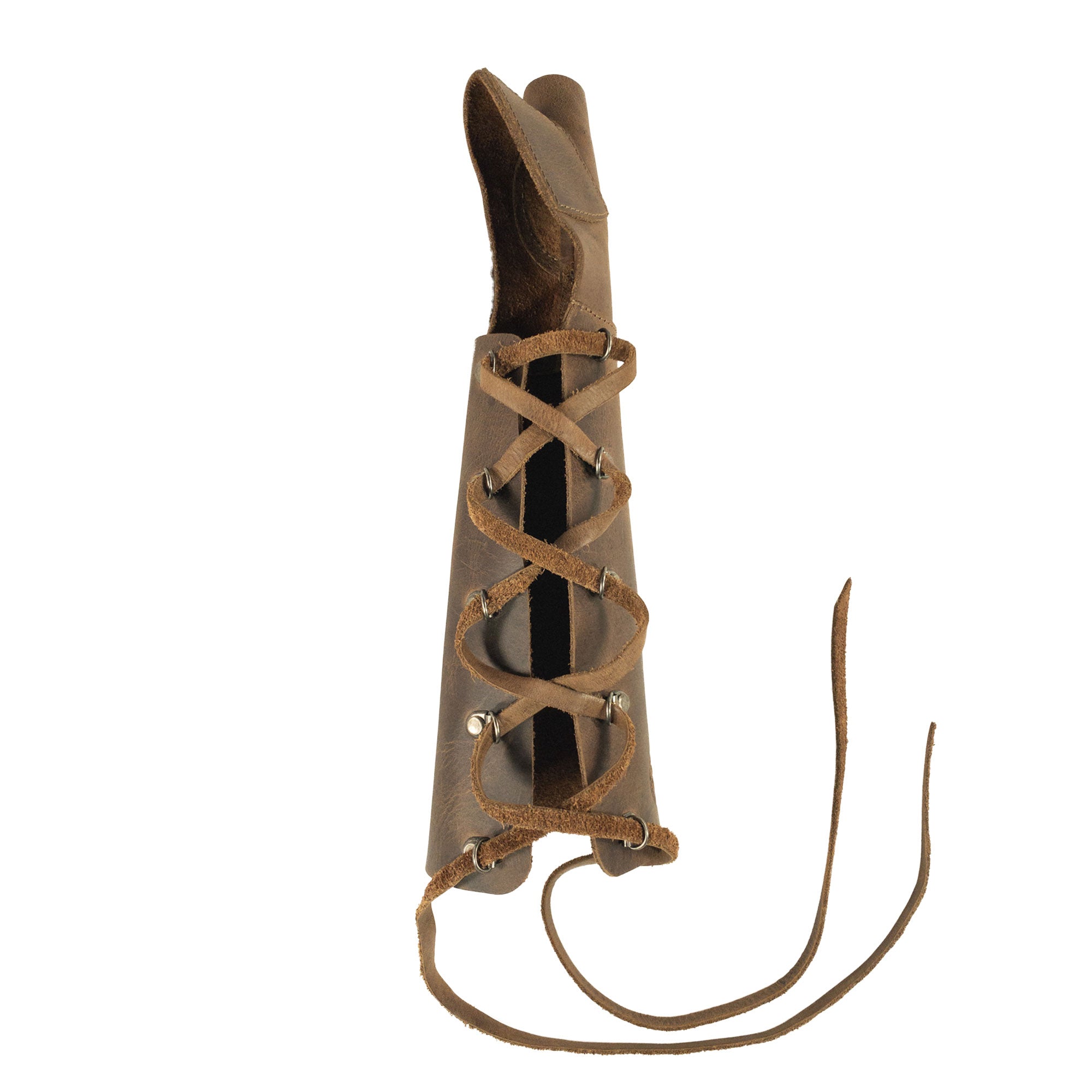 A top view of the Archery Forearm Protector by Valhalla Gear, showcasing its intricate lacing and full grain leather craftsmanship. This arm guard is ideal for training and cosplay, emphasizing the artisan handmade processes in La Antigua Guatemala & Oaxaca Mexico, as well as being part of small batch production.