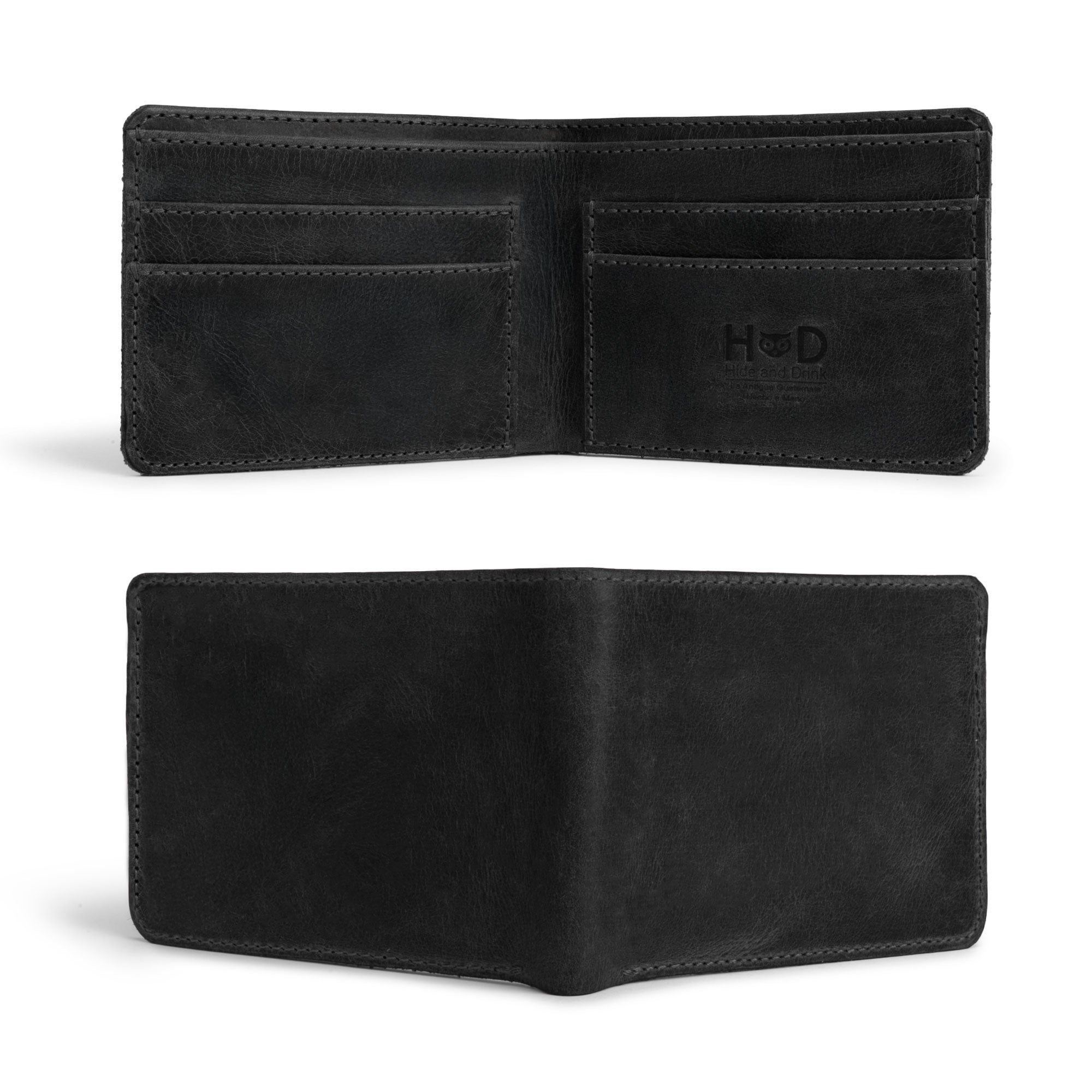 Interior layout of Hide & Drink's black Bifold Wallet featuring card and cash slots. This Slim Bifold Wallet serves as a classic billfold to hold money and cards, making it a reliable travel accessory crafted from durable full grain leather and artisan handmade in La Antigua Guatemala & Oaxaca Mexico.