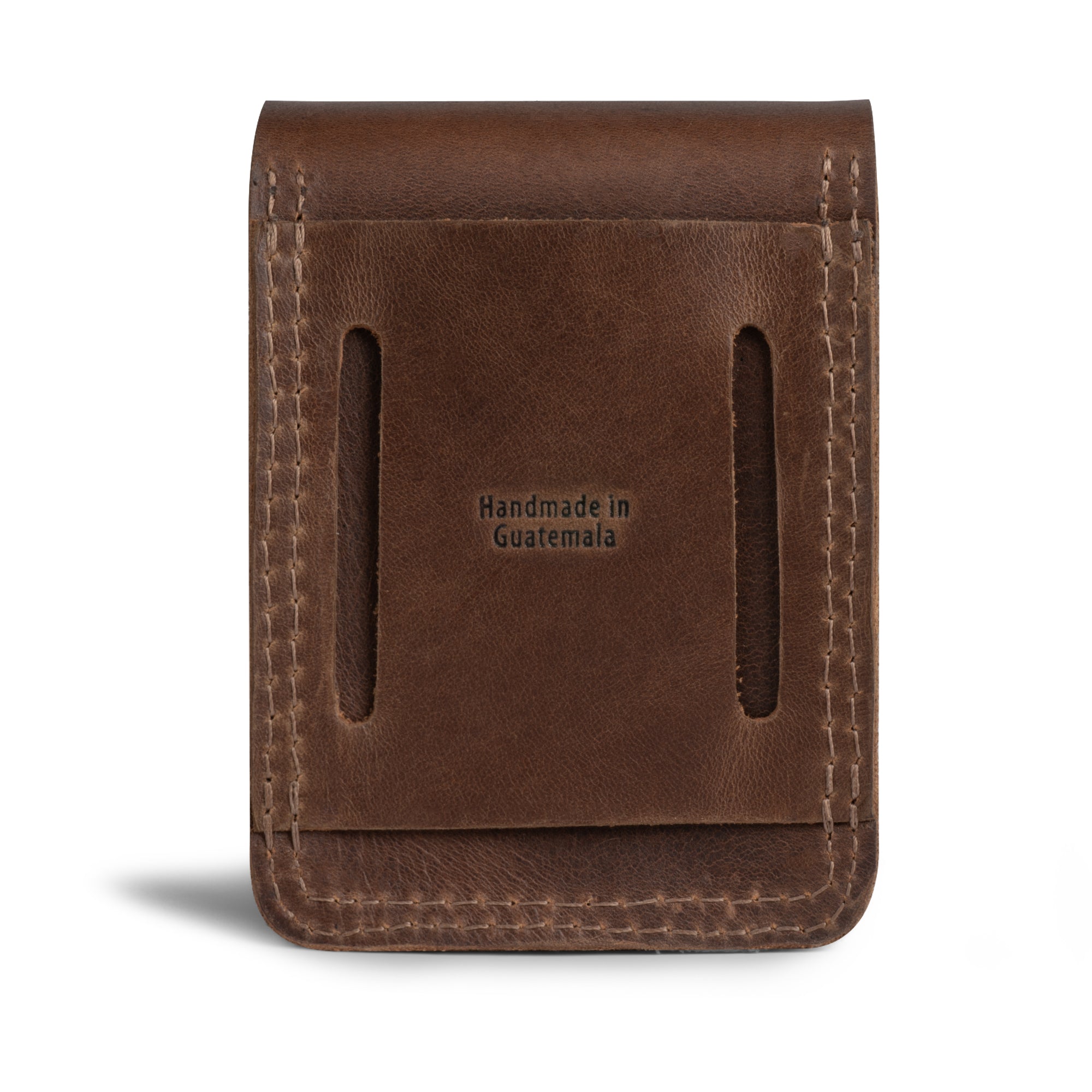 The rear view of Valhalla Gear's The Herne, Bushcraft Belt Pouch, emphasizing its handmade quality with the 'Handmade in Guatemala' imprint. Perfect as a Bushcraft Bag or Small Mens Foraging Pouch, this Utility Belt Pouch for Tools is made from durable Full Grain Leather, embodying StockyardX’s dedication to Artisan craftsmanship.