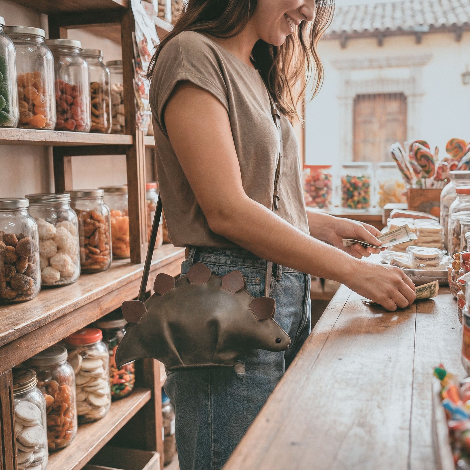 Dinosaur-Shaped (Stegosaurus) Shoulder Bag by Tudi Frudi modeled by a person, emphasizing its comfortable wear as a Crossbody Bag. Made from high-quality Full Grain Leather, this unique Messenger Bag is Handmade in La Antigua Guatemala & Oaxaca Mexico, showcasing true Artisan craftsmanship.