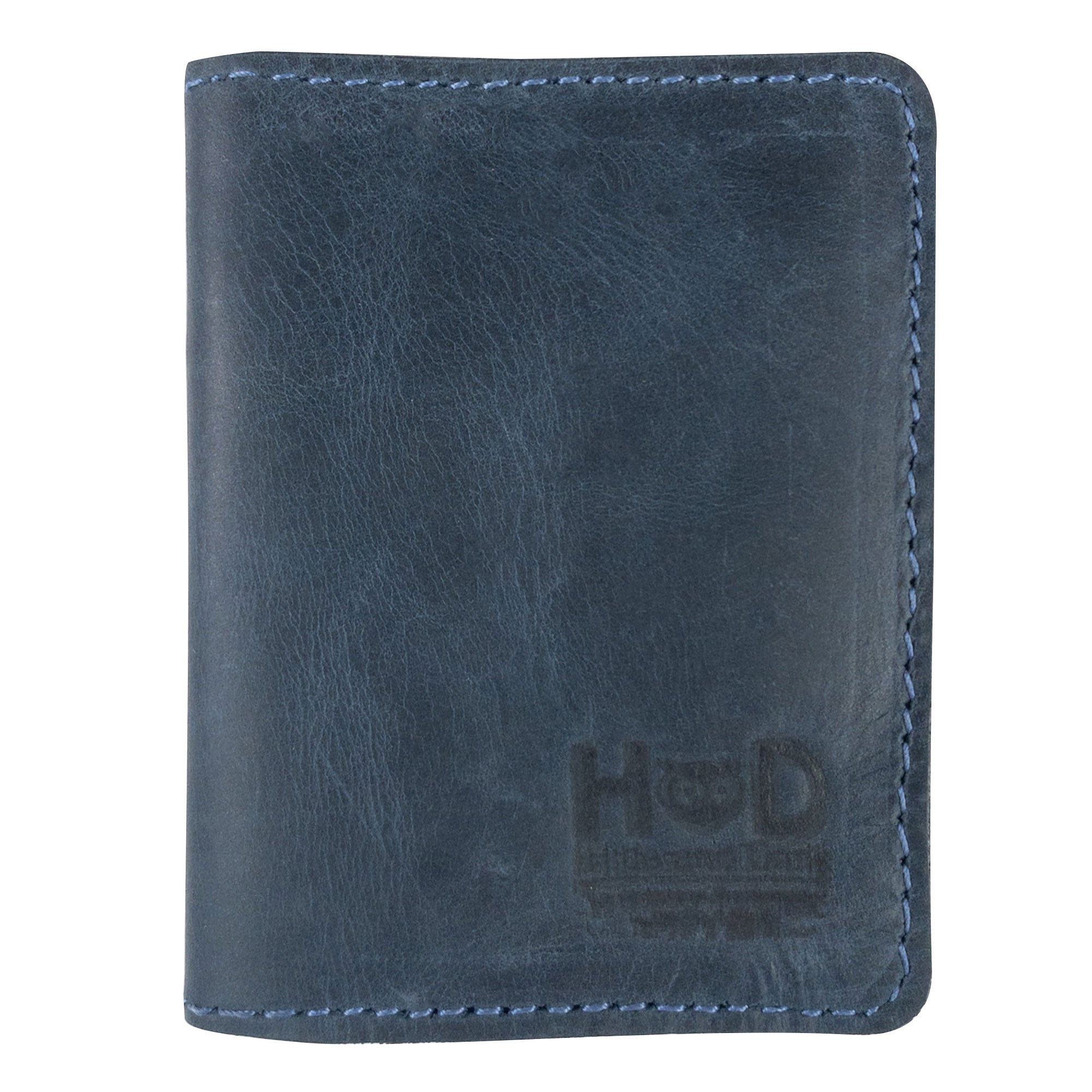 Front view of Hide & Drink Bifold Wallet in a rich blue tone, emphasizing its artisan quality and handcrafted design, making it a perfect vintage front pocket wallet.