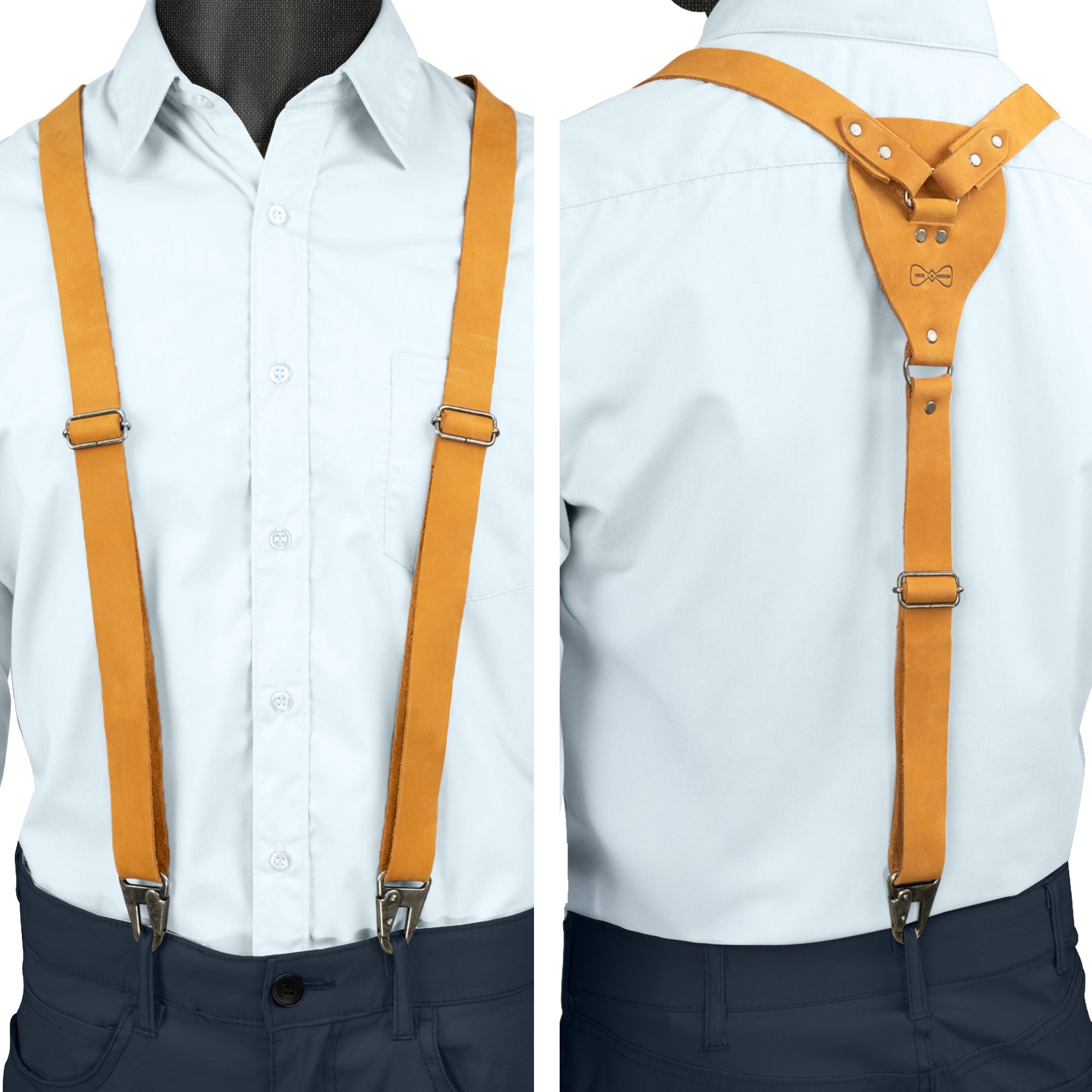 Front and back view of vibrant yellow Drop Shaped Suspenders by Hide & Groom, featuring Full Grain Leather; designed with adjustable size straps for men, handcrafted in La Antigua Guatemala & Oaxaca Mexico.