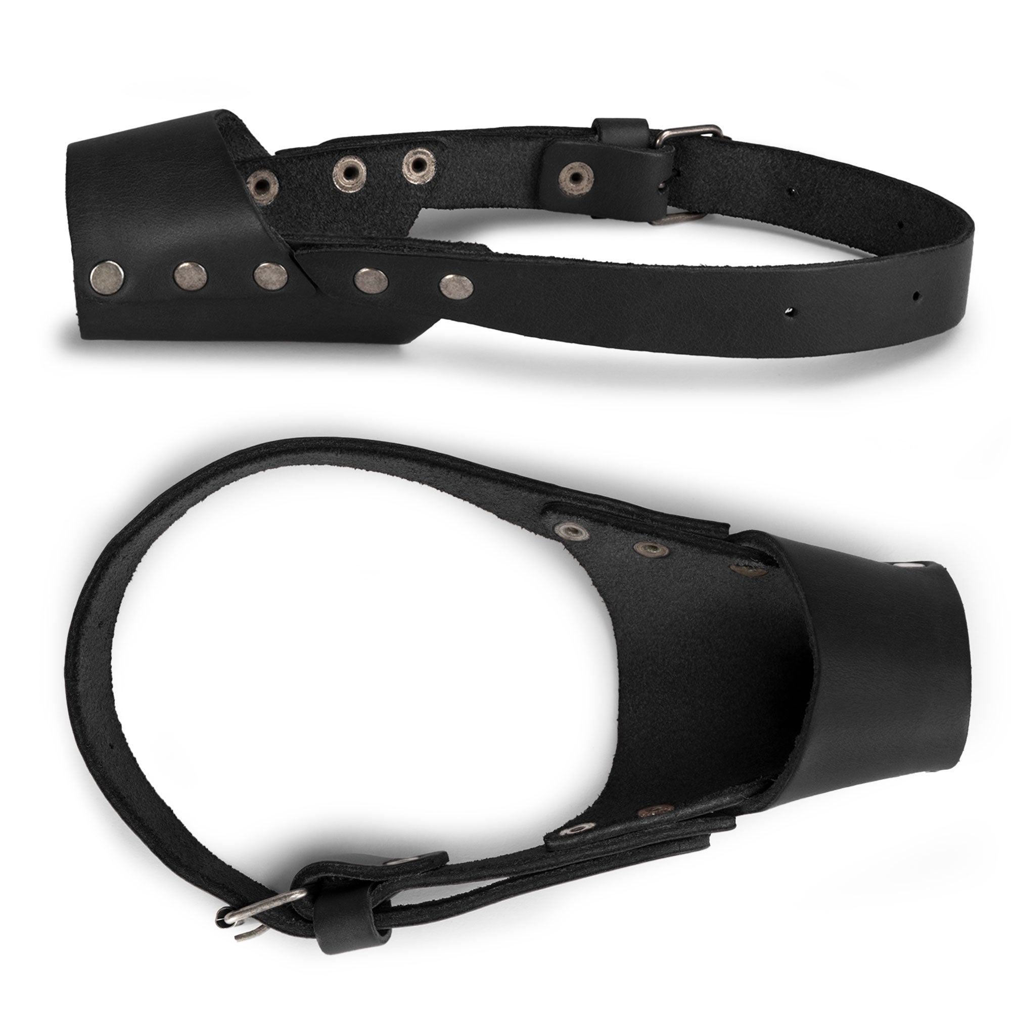 Side view of the Riveted Dog Muzzle by Hide & Drink showcasing its secure design features for dog control. This full grain leather muzzle guard is crafted to prevent biting and chewing, suitable for all dog breeds, particularly Pitbulls and German Shepherds, handmade in La Antigua Guatemala & Oaxaca Mexico.