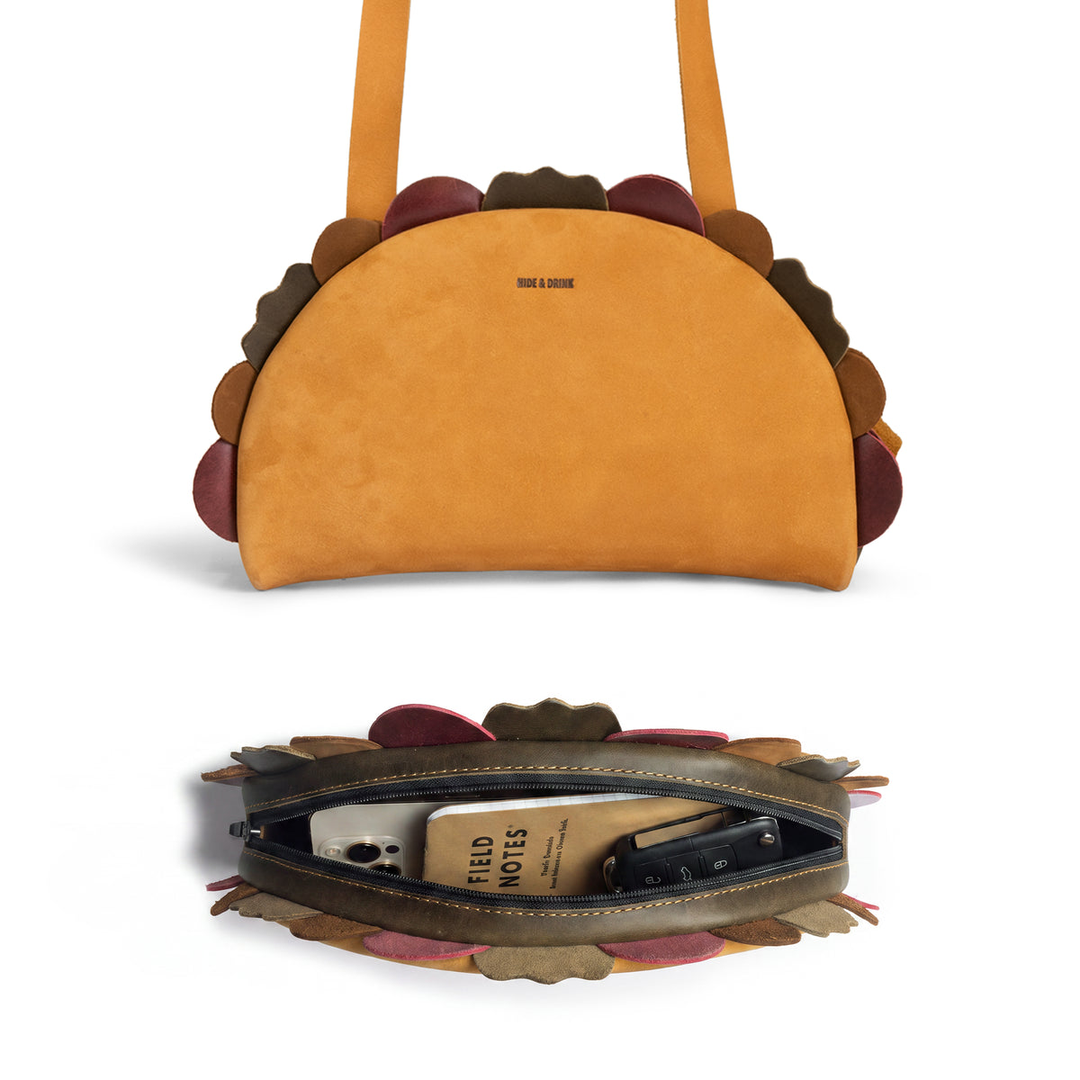 Hide & Drink Taco Shoulder Bag shown worn as a crossbody, featuring a Full Grain Leather Taco Shoulder Bag with Adjustable Shoulder Strap, Messenger Bag, Crossbody Bag, Zippered Sling Bags, Travel Backpack, Purses for Men and Women, Satchel, StockyardX, Small Batch Production, Hand Cut, Hand Sewn, Fire Branded, Artisan, Handmade in La Antigua Guatemala & Oaxaca Mexico.