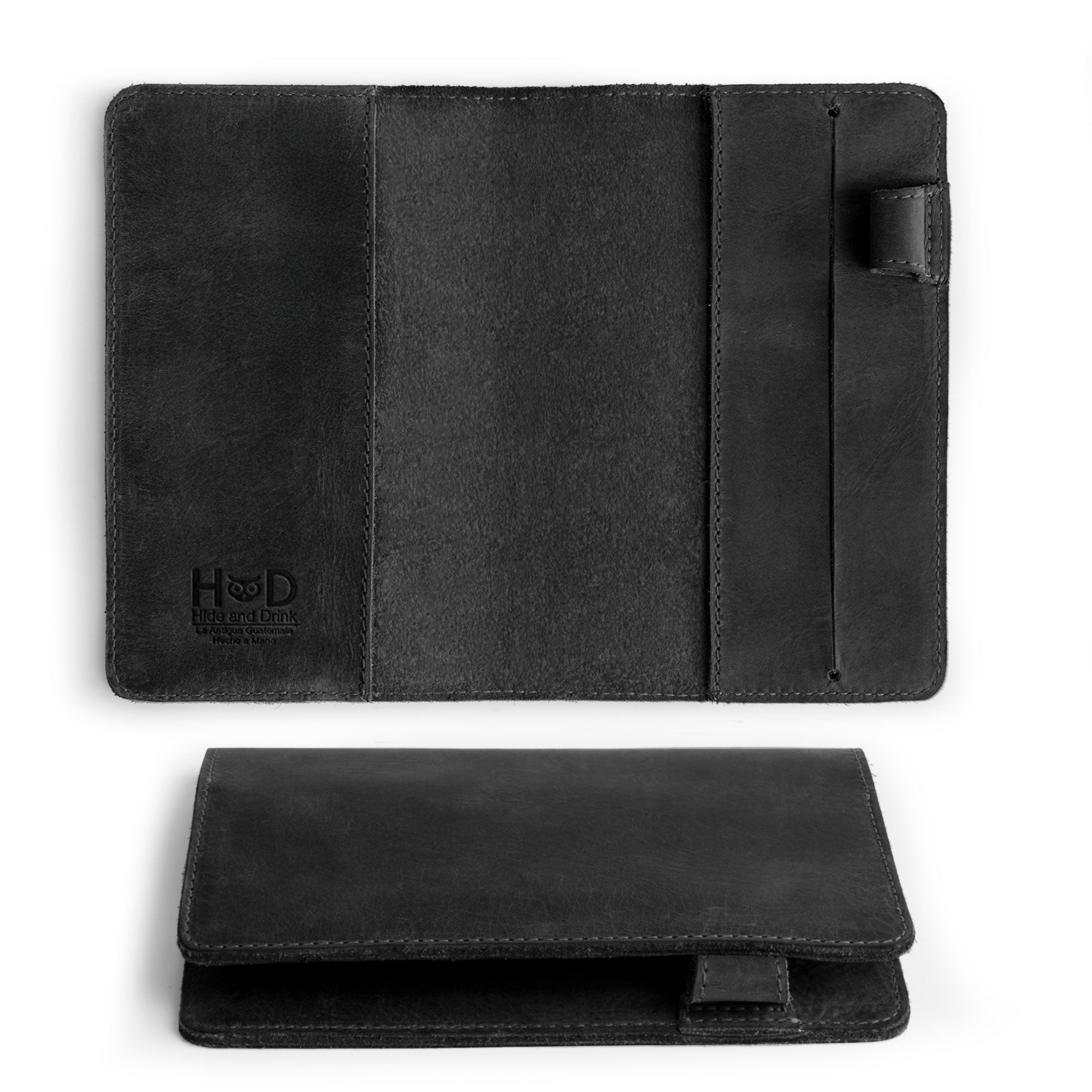 Black leather exterior view of Leuchtturm A6 Hardcover Case by Hide & Drink, perfect for protecting your notebook. Functions as a Leather A6 Notebook Cover for Leuchtturm 3.6 x 5.9 in. This stylish option is also a refillable mini planner case and travel journal cover for men; fits Moleskine & Hobonichi, plus doubles as a travelers pocket portfolio binder.