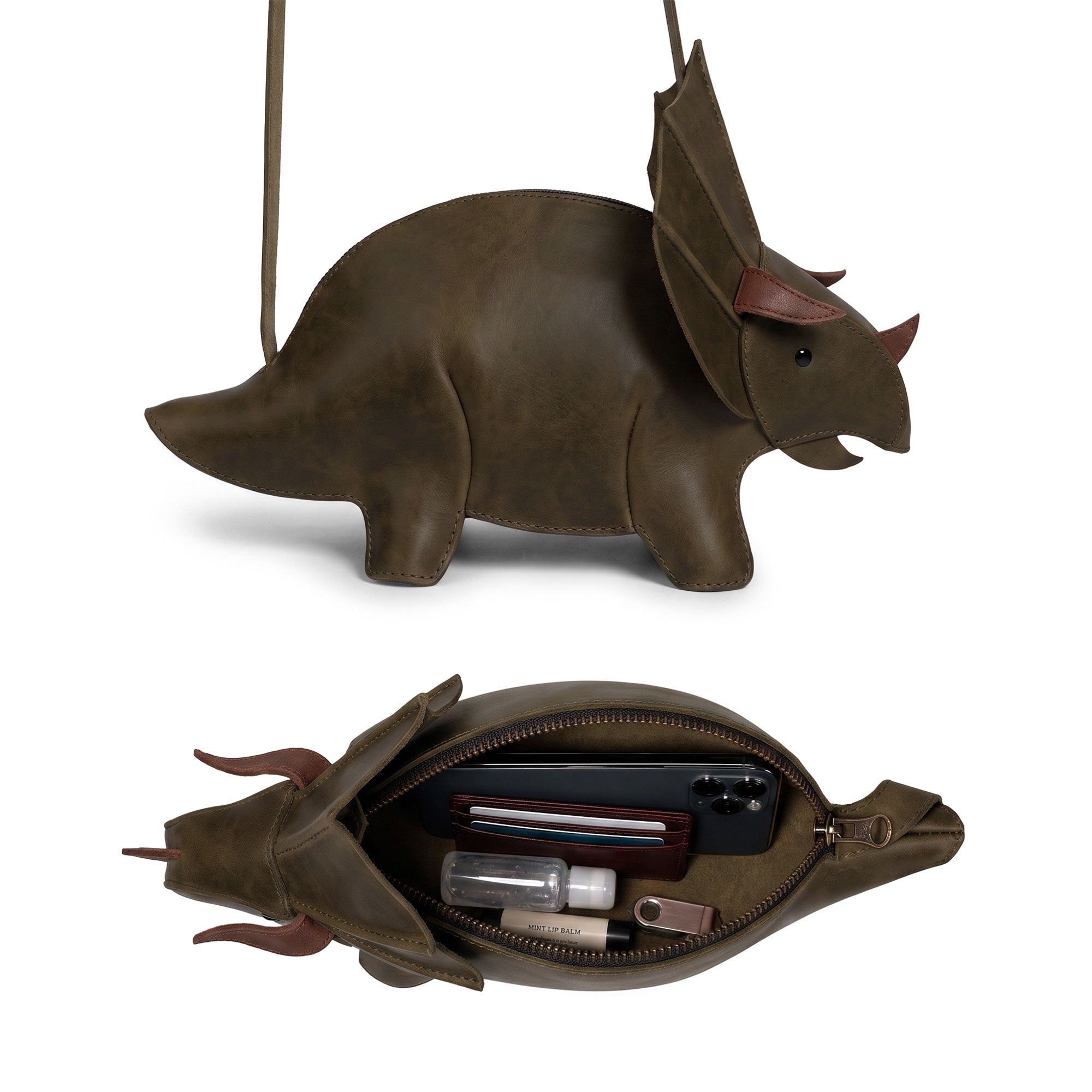 Leather Dinosaur Triceratops Crossbody Bag
