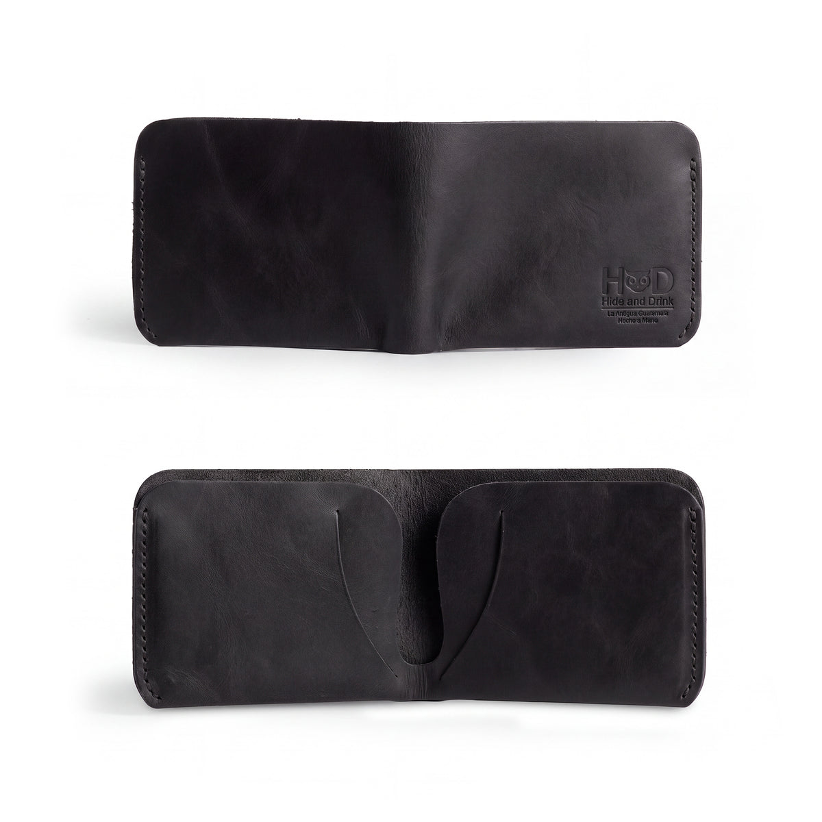 Open view of the Hide & Drink Minimal Wallet showcasing its interior design for cards and cash. This Full Grain Leather Classic Slimfold Wallet acts as a practical Card Organizer Holder and an elegant Travel Accessory, made through Small Batch Production by artisans in La Antigua Guatemala & Oaxaca Mexico.