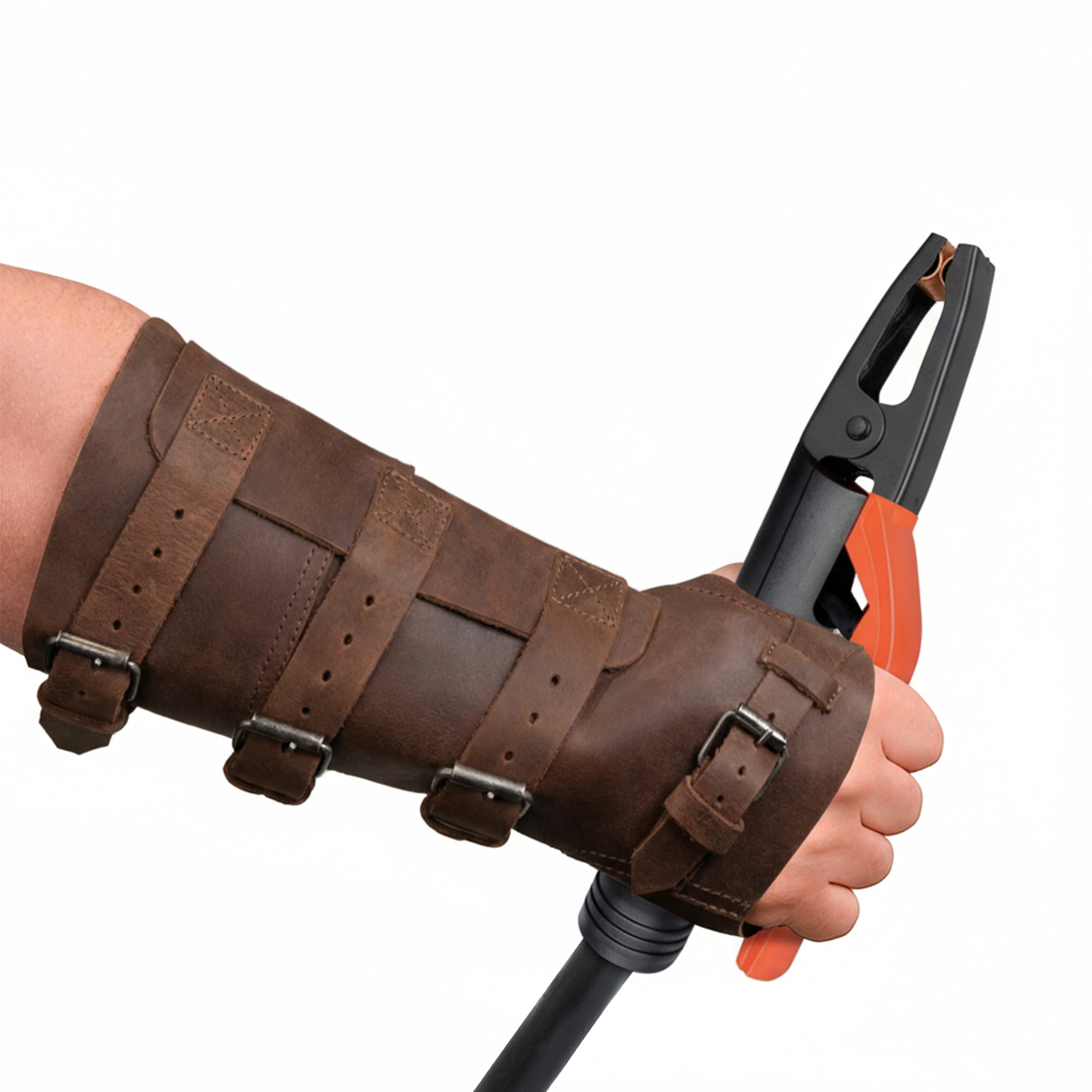 Valhalla Gear Welding Forearm Protector showcasing a forearm glove with buckle closure, made from full grain leather, ideal for blacksmithing. This handmade work glove features artisan craftsmanship, fire branding, and is designed for optimum protection against welding hazards.