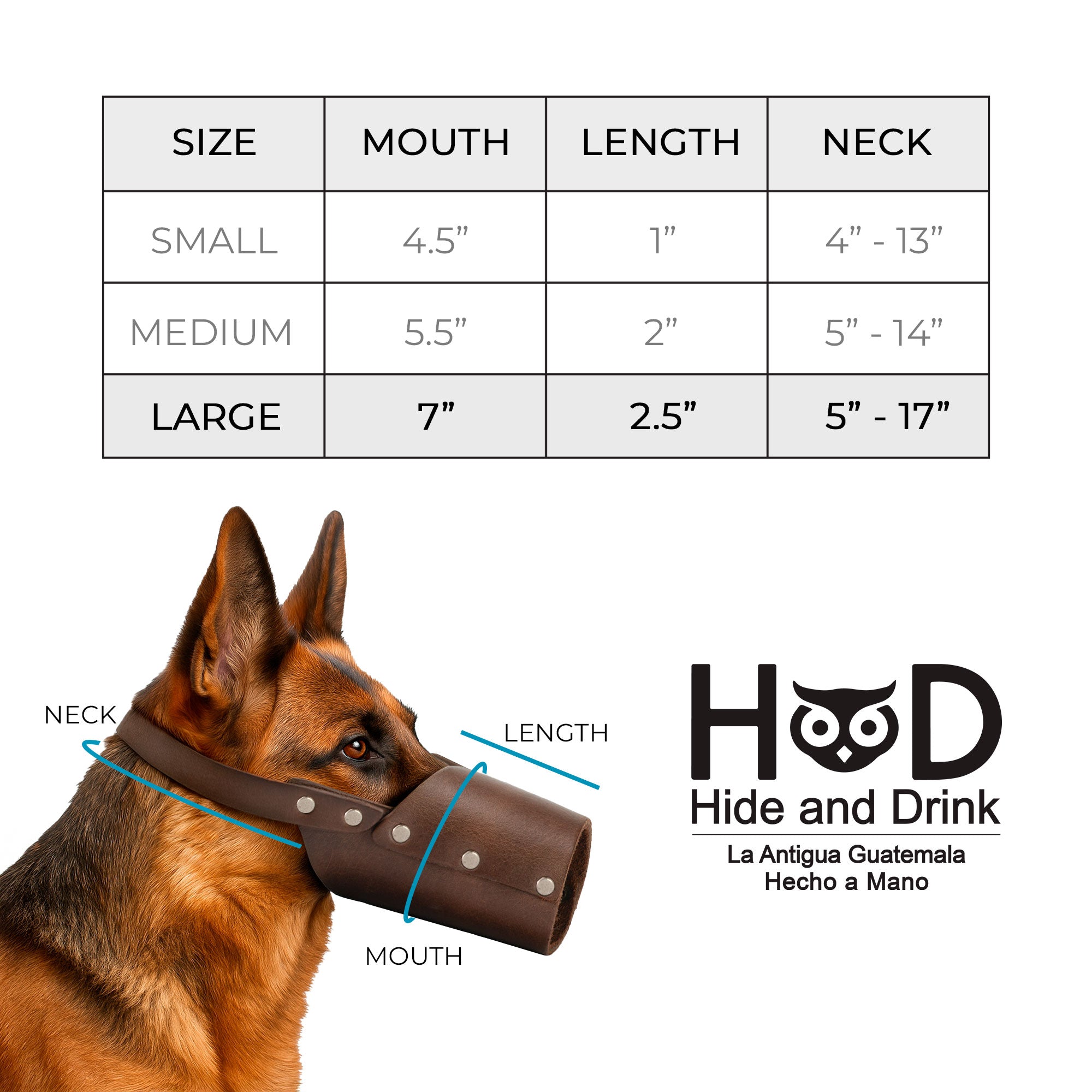 Riveted Dog Muzzle by Hide & Drink displayed on a dog, showcasing the secure design ideal for preventing biting and chewing. This artisan-crafted muzzle guard is made from full grain leather and designed for breeds like Pitbulls and German Shepherds, handmade in La Antigua Guatemala & Oaxaca Mexico.