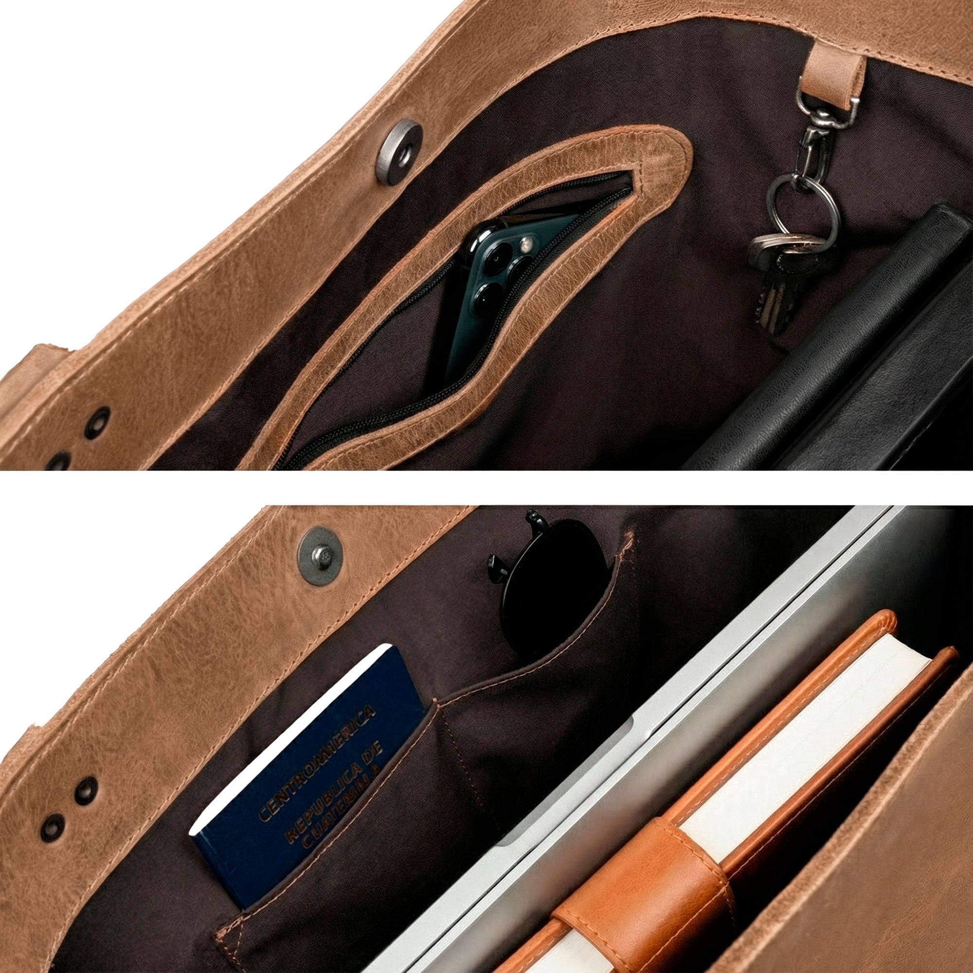 The Leather Formal Handbag by Hide & Drink displayed with everyday items inside, illustrating its practicality. This Full Grain Leather bag is a chic choice as a Female Formal Handbag, Shoulder Bag, or Shopping Bag, ideal for girls. Handmade in La Antigua Guatemala & Oaxaca Mexico.