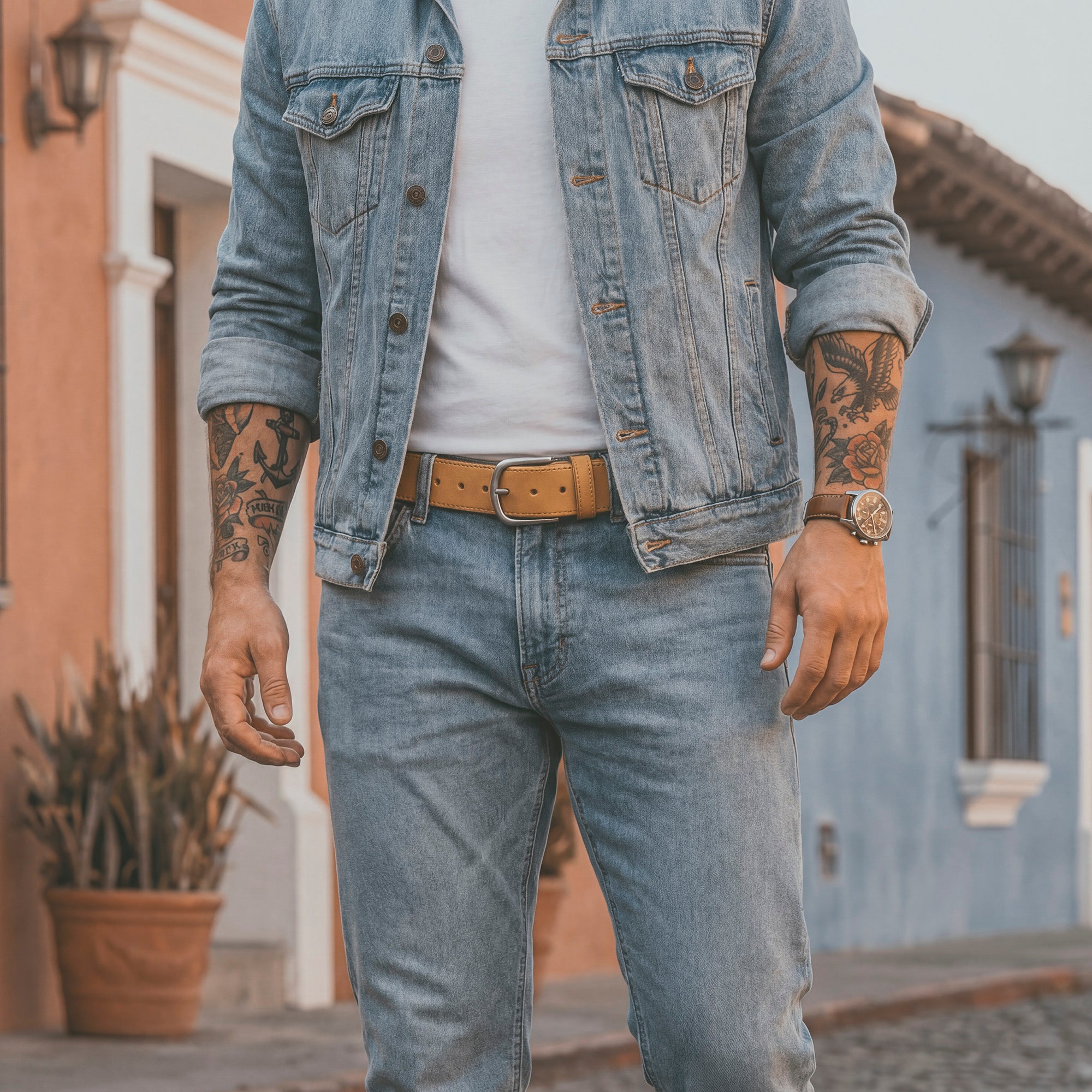 Classic Leather Belt with Glove Liner by La Leche, showcased in an elegant setting. This full grain leather belt for men exemplifies quality and style, making it a go-to choice for a handmade men's waist belt for jeans. Crafted in La Antigua Guatemala & Oaxaca Mexico, it represents Classic Cowboy Mens Adjustable Belt StockyardX, Small Batch Production, Hand Cut, Hand Sewn, and Fire Branded craftsmanship.