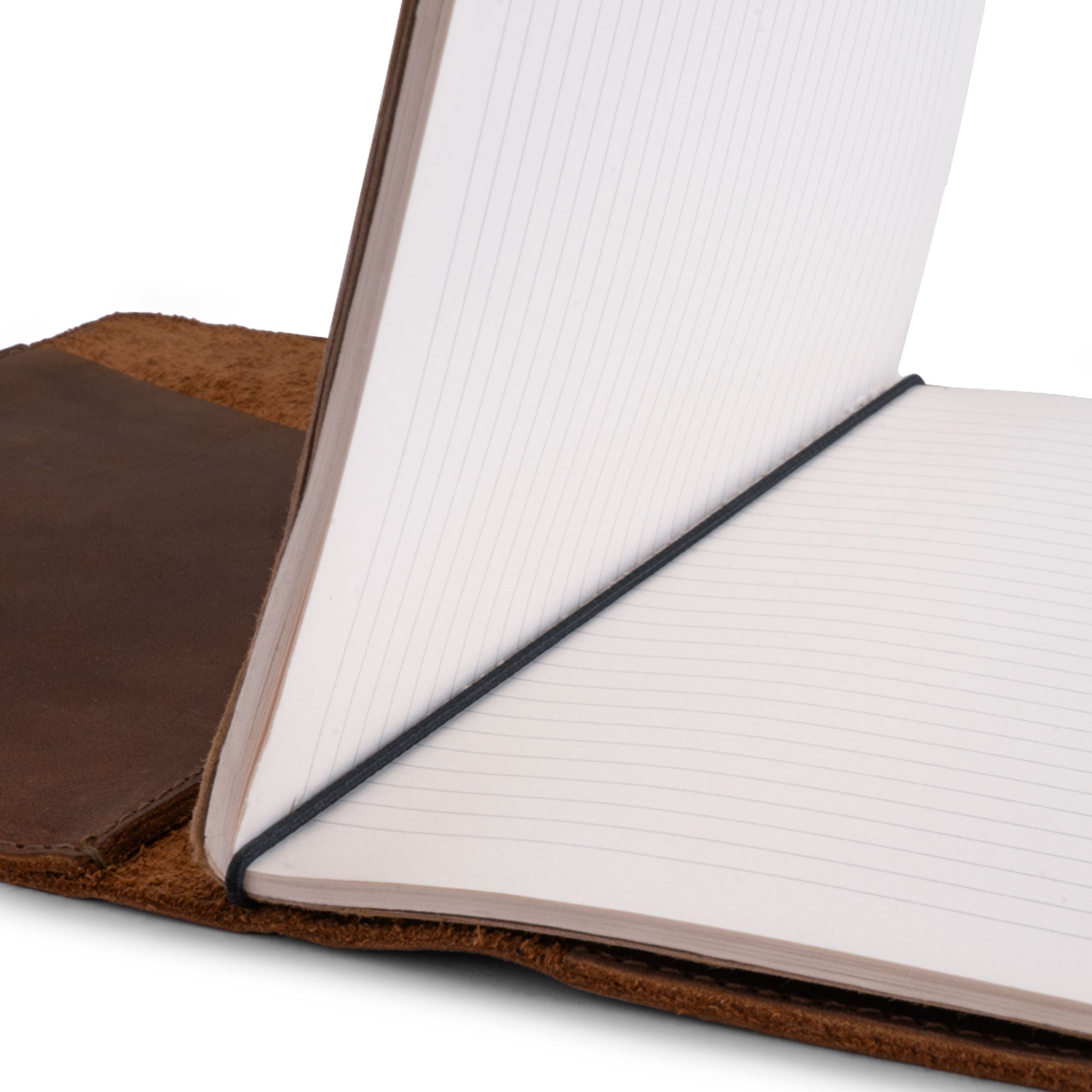 Refillable Cover for A5 Notebooks (5.75 x 8.25 in.) by Leather Worx, focusing on the interior layout with note pages, exhibiting the thoughtful design of the Classic Cover made of full grain leather, reflecting small batch production, hand cut, hand sewn finesse, fire branded craftsmanship, artisan quality, handmade in La Antigua Guatemala & Oaxaca Mexico.