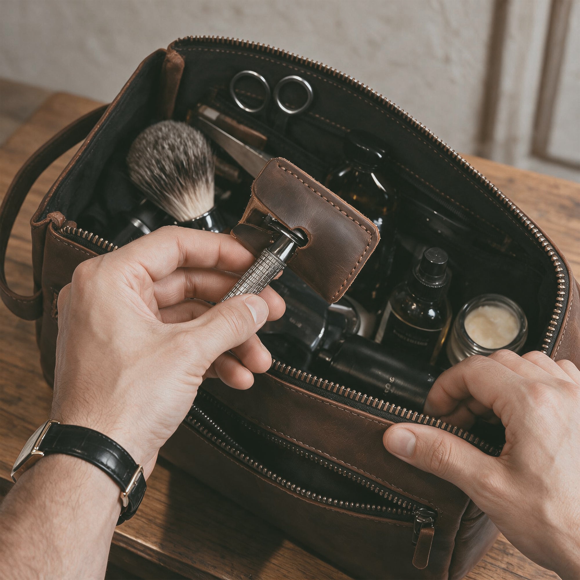  Back view of Hide & Drink's Razor Head Cover, showcasing its durable full grain leather and hand-sewn finish. This protective shear is perfect for your double edge safety razor and ideal for travel, representing artisan craftsmanship from La Antigua Guatemala & Oaxaca Mexico.