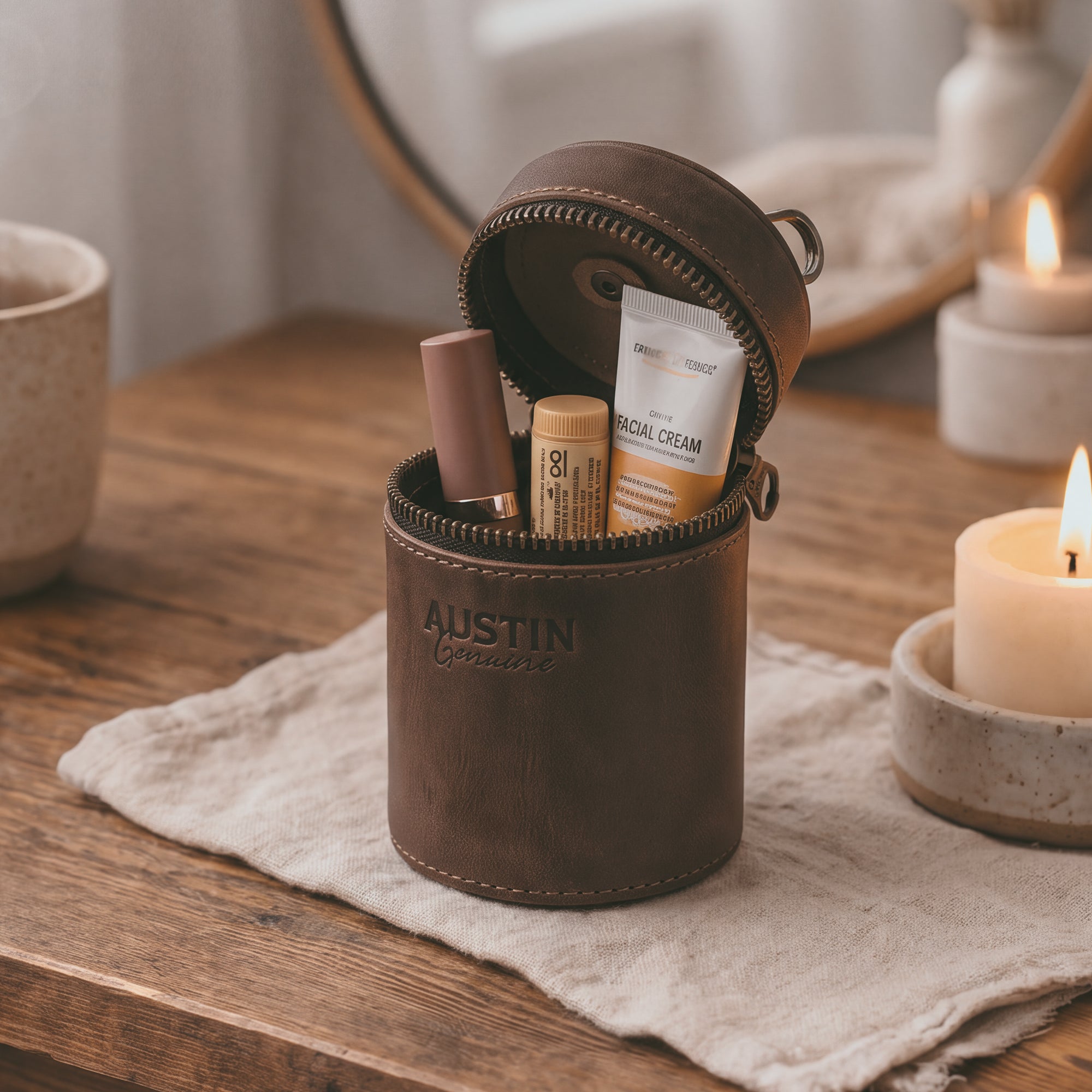 The Pease Mini Vanity Pouch by Austin Genuine, opened with personal care items inside. This sleek cylinder for coins is perfect as a money box or piggy bank, made from full grain leather with small batch production and artisan features, hand cut and hand sewn in La Antigua Guatemala & Oaxaca Mexico.
