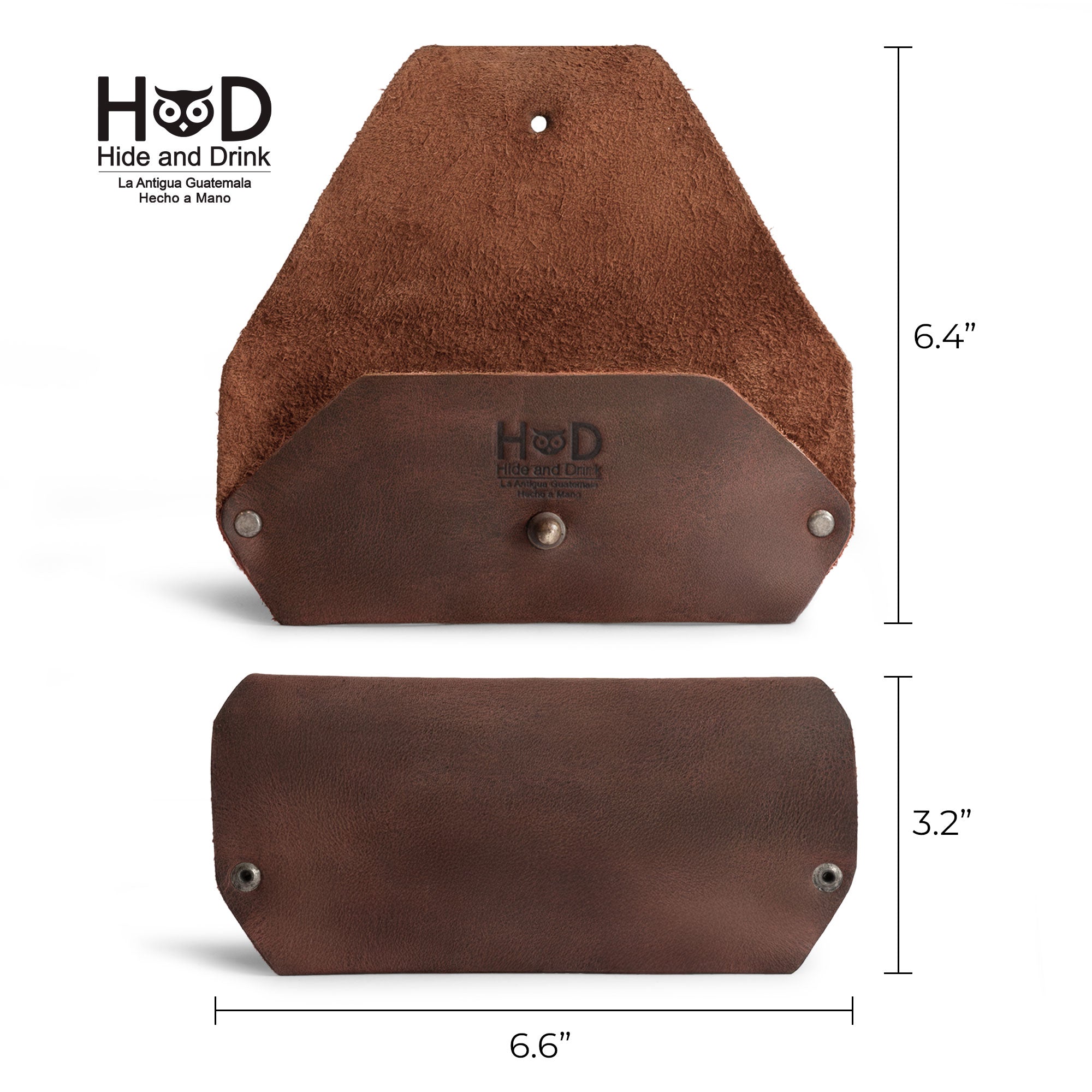 An open view of the Sunglasses Sleeve by Hide & Drink, displaying the dimensions of this minimalist sleeve case protector for eyewear. Crafted from premium full grain leather, it's a perfect accessory for sunglasses, designed for outdoor use and travel. Featuring small batch production and handmade techniques, such as hand cut, hand sewn, and fire branding, this durable item is made in La Antigua Guatemala.