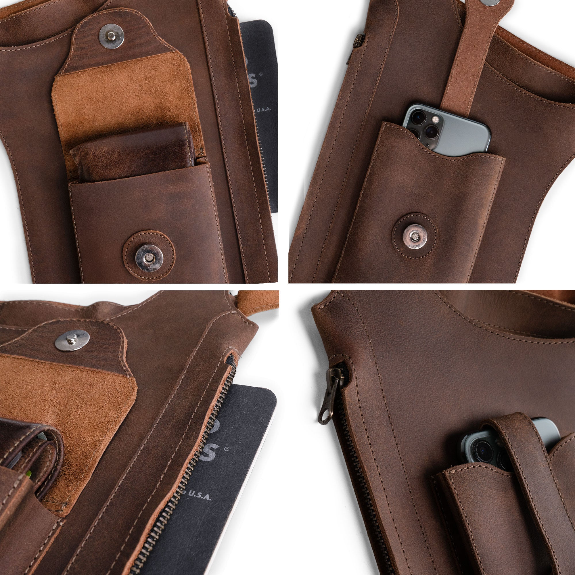 Close-up details of the Hide & Play Zippered Shoulder Holster highlight the adjustable harness and zippered bags, showcasing its quality craftsmanship. Perfect for cosplay or costume parties, this vintage shoulder holster is made from full grain leather, showcasing small batch production and artisan techniques, handmade in La Antigua Guatemala & Oaxaca Mexico.