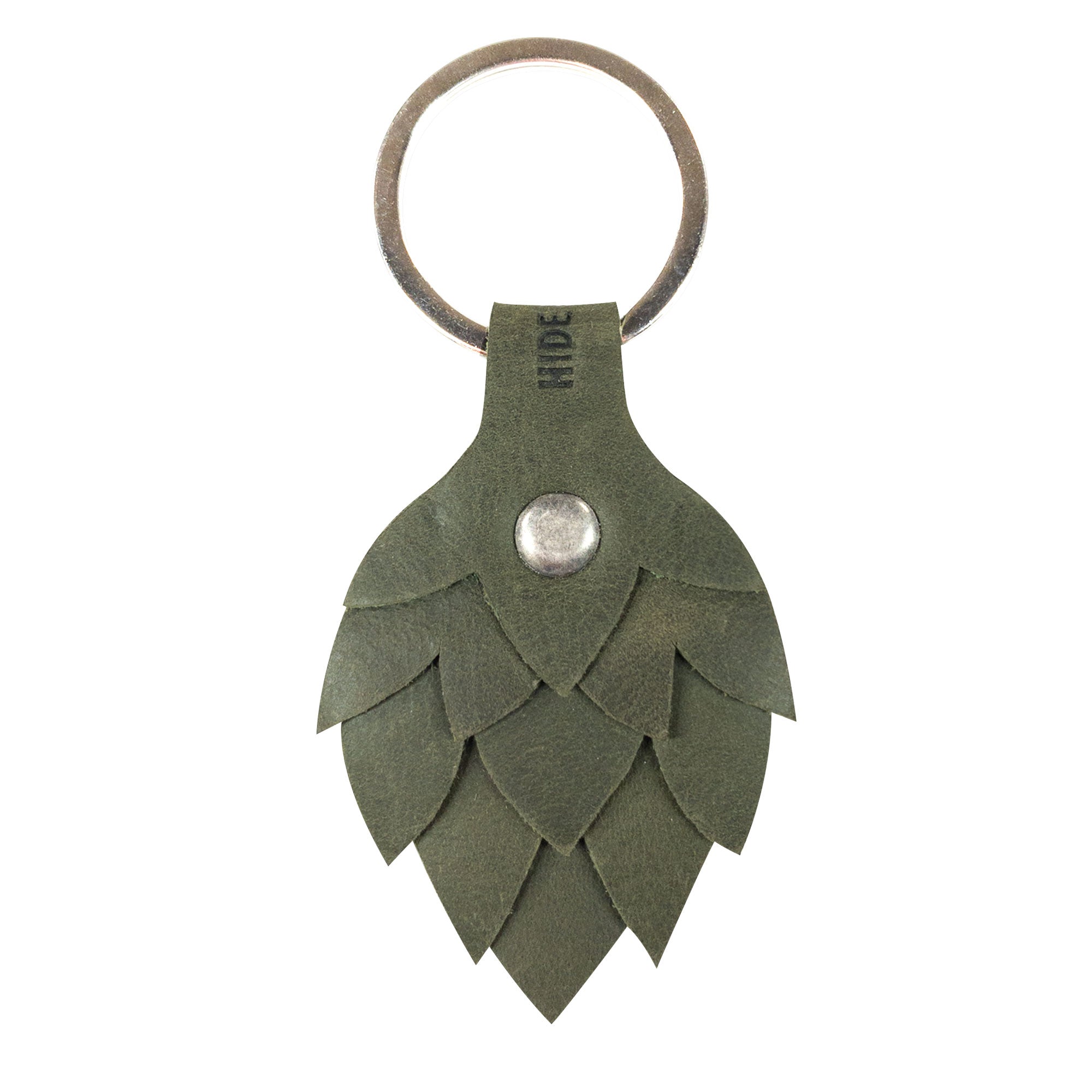 A detailed view of the Hop Flower Keychain by Hide & Drink, showcasing a beautiful leaf-like design suitable for key rings. This keychain is made from high-quality Full Grain Leather, reflecting the craftsmanship of StockyardX’s small batch production and is hand cut, hand sewn, and fire branded by artisans from La Antigua Guatemala & Oaxaca Mexico.