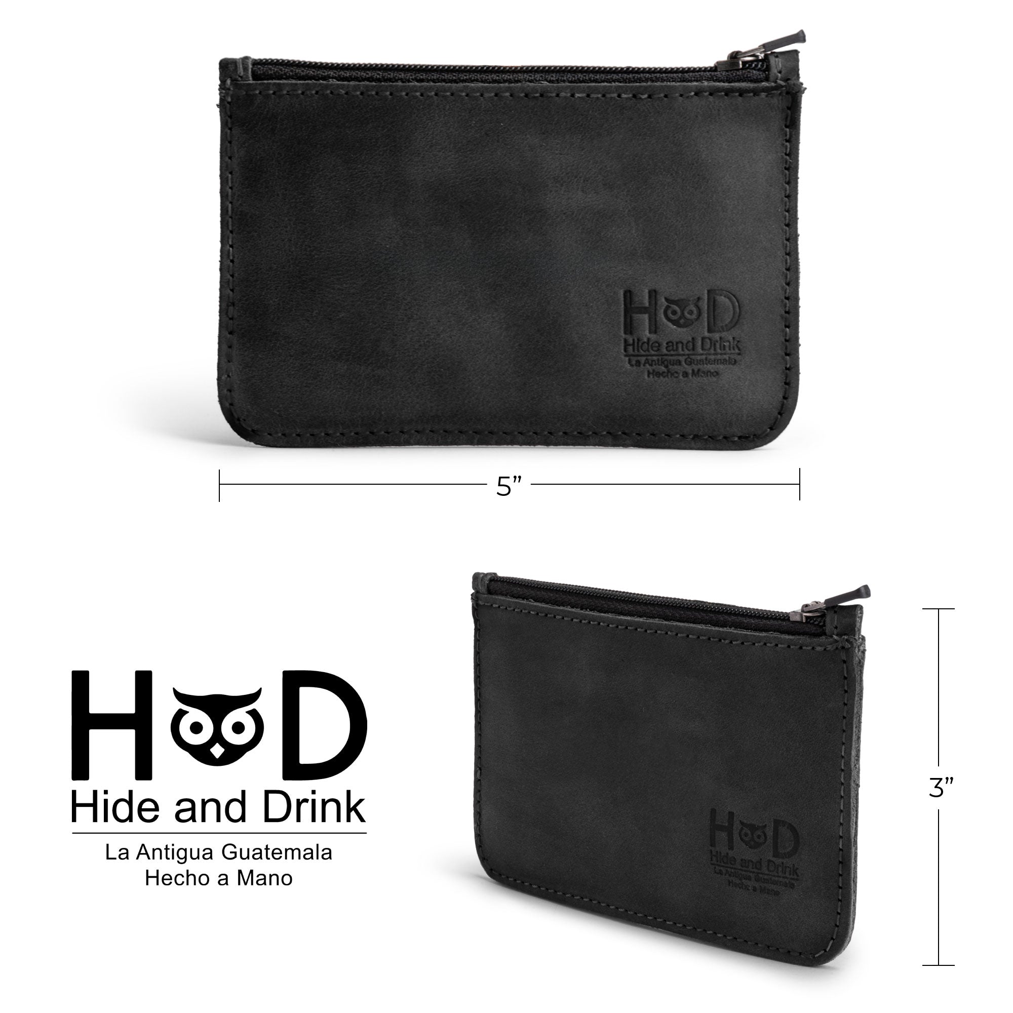 Showcasing the dimensions of a black Hide & Drink zippered wallet, this image emphasizes its compact yet spacious design for cards, coins, and cash. This zippered wallet represents the perfect combination of utility and artisan excellence.