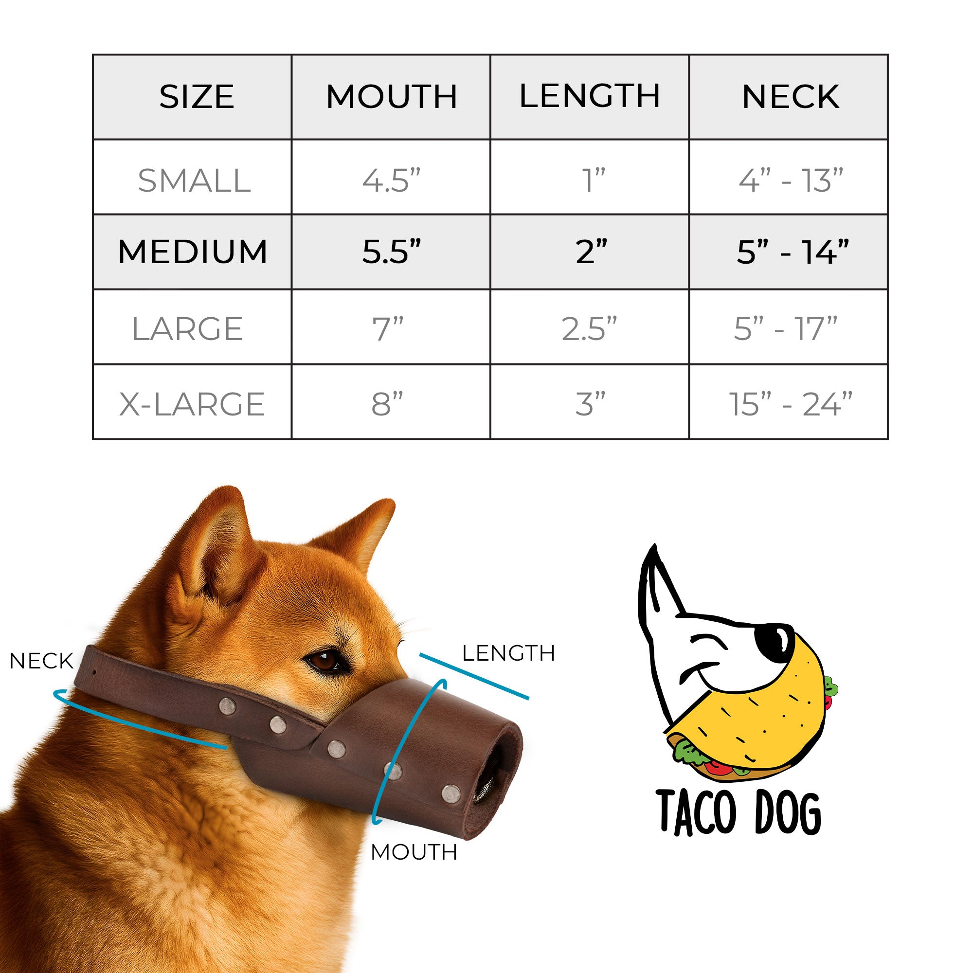 Taco Dog Dog Muzzle size chart for training, emphasizing the perfect fit for your dog with different sizes. Each handmade Dog Muzzle is created from full grain leather, providing a secure guard and comfort for your pet.