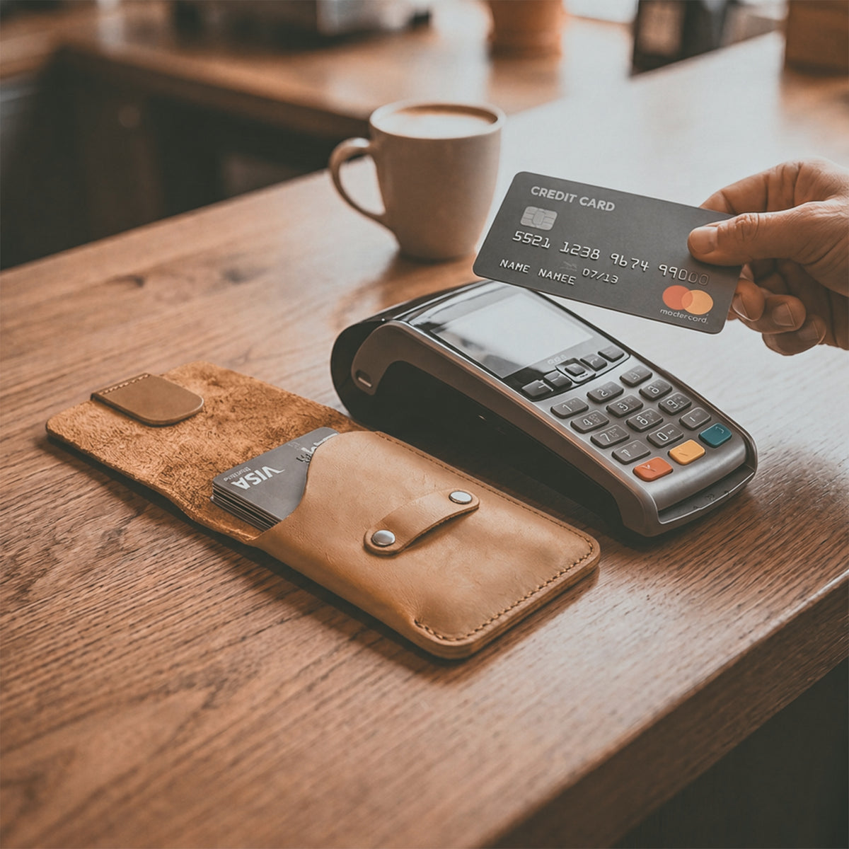 Hide & Drink Slim Card Holder in brown, showing its practical design for organizing cards and cash. This artisan crafted vertical wallet emphasizes quality full grain leather and handmade production from La Antigua Guatemala.