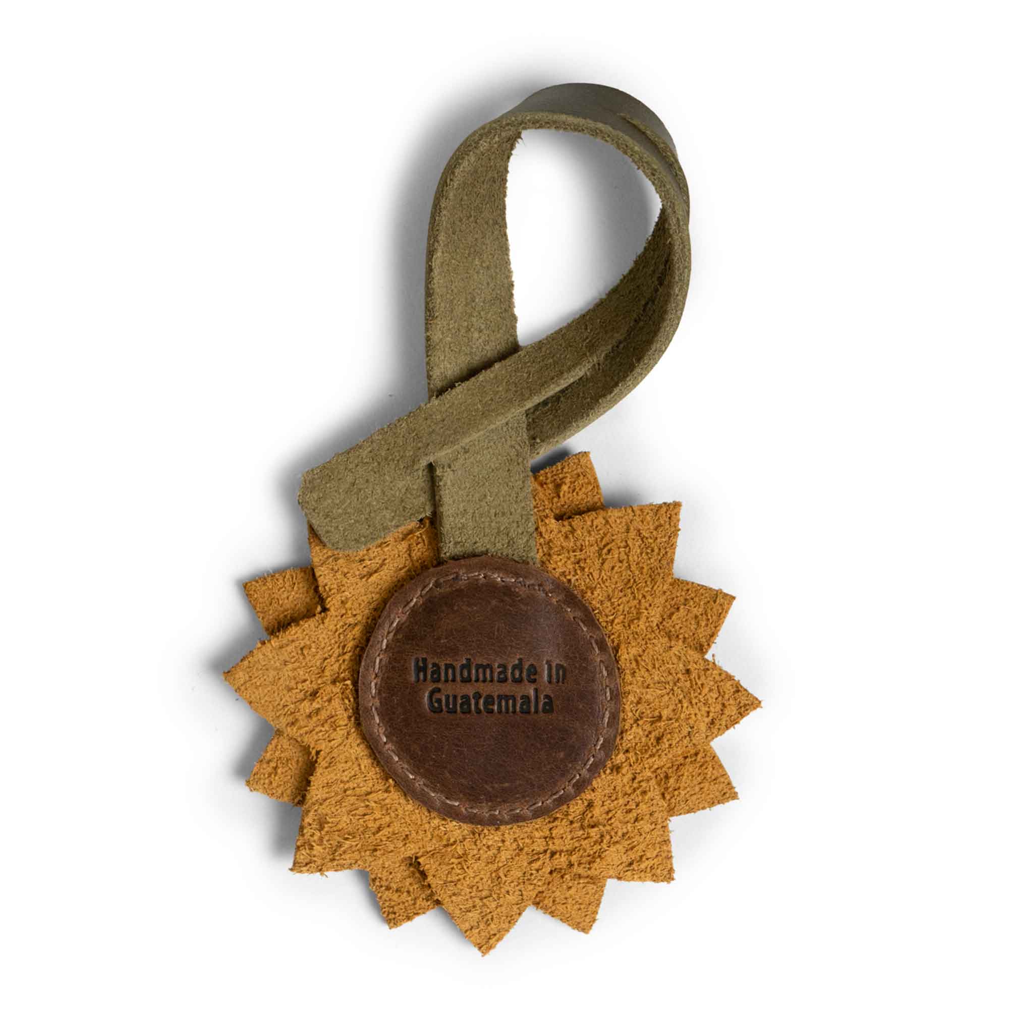 Hide & Drink Bag Charms displaying a unique sunflower design, perfect charm for handbags. This accessory serves as a purse charm for tote & backpacks, made from full grain leather. Each piece reflects StockyardX's small batch production, showcasing hand cut, hand sewn elements and fire branded artistry, handmade in La Antigua Guatemala & Oaxaca Mexico.