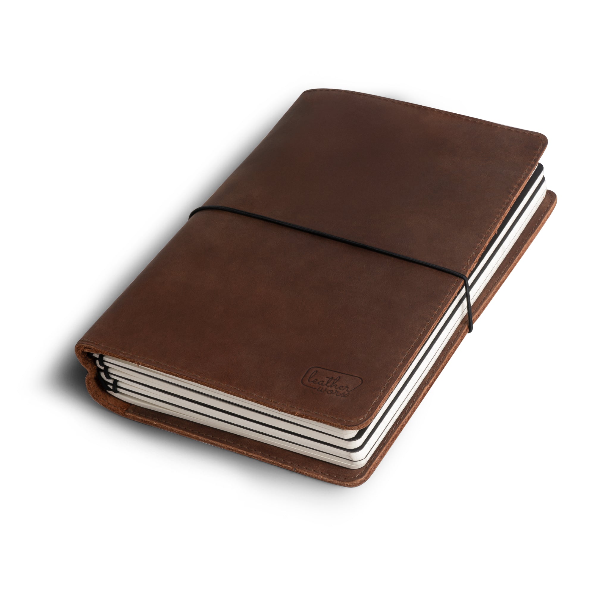 Rustic Cover for A5 Notebooks (5.75 x 8.25 in.) by Leather Worx, elegantly closed showcasing a beautiful full grain leather finish. A refillable cover ideal for on-the-go organization, made through small batch production and artisan techniques in La Antigua Guatemala & Oaxaca Mexico.