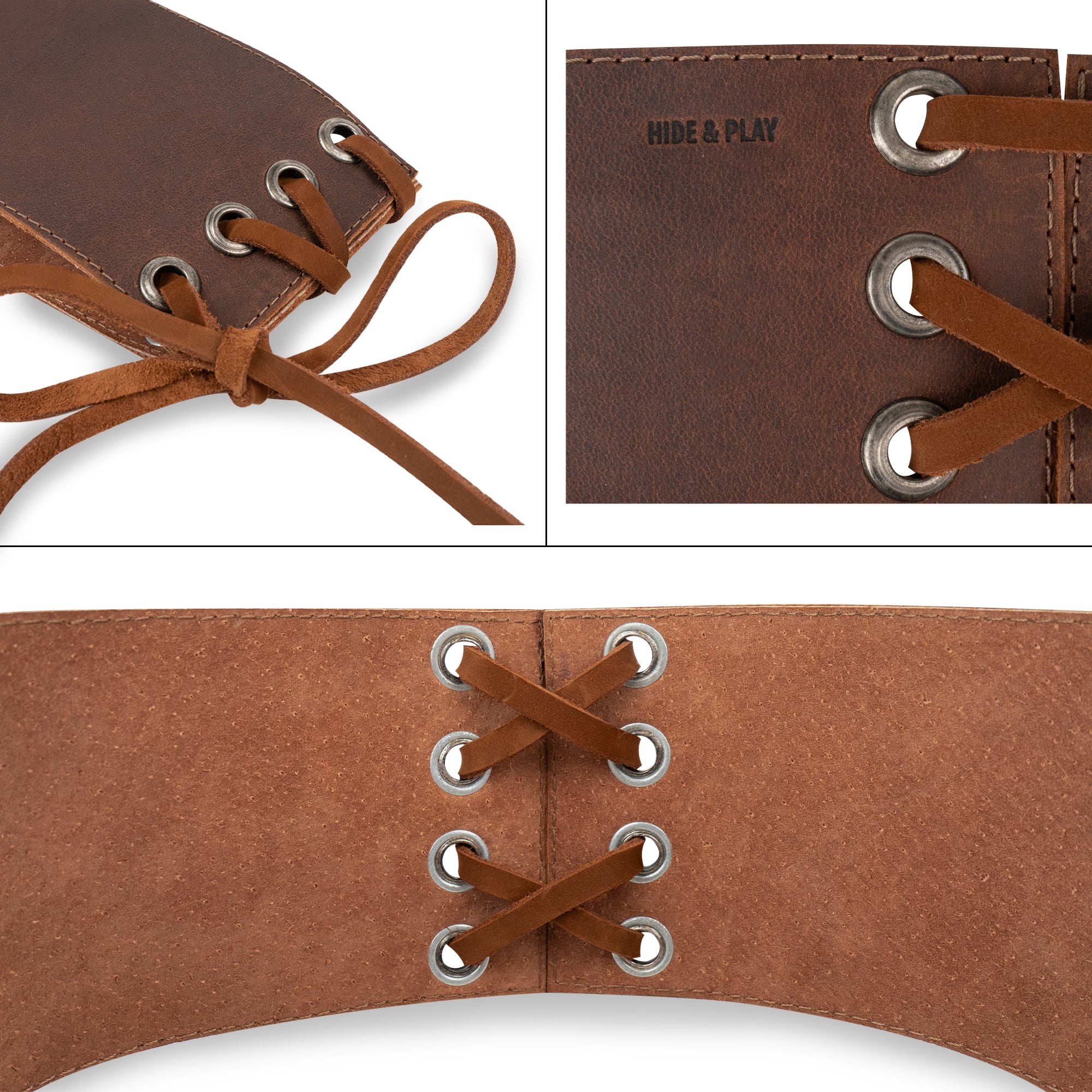 Detailed image of the lace-up features of the Lace-up Corset Waist Belt for Women from Hide & Play, highlighting the full grain leather texture. A versatile vintage cinch belt, crafted through small batch production, hand cut and sewn, and fire branded by artisans. Handmade in La Antigua Guatemala & Oaxaca Mexico.