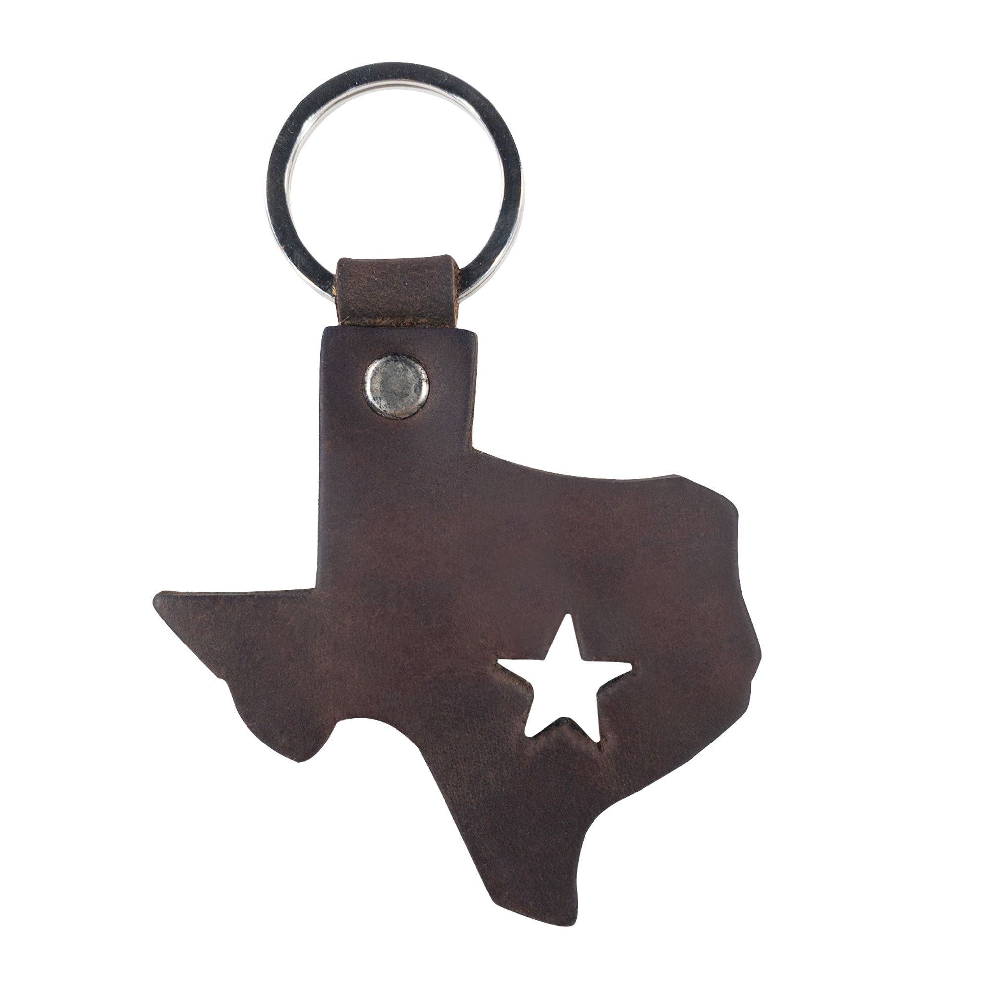 Detailed image of the Texas State Keychain made of durable thick full grain leather, featuring a star cutout in the shape of Texas. Hand cut and sewn by Hide & Drink, this keychain makes an excellent Texas souvenir from the rich traditions of Guatemala & Mexico.