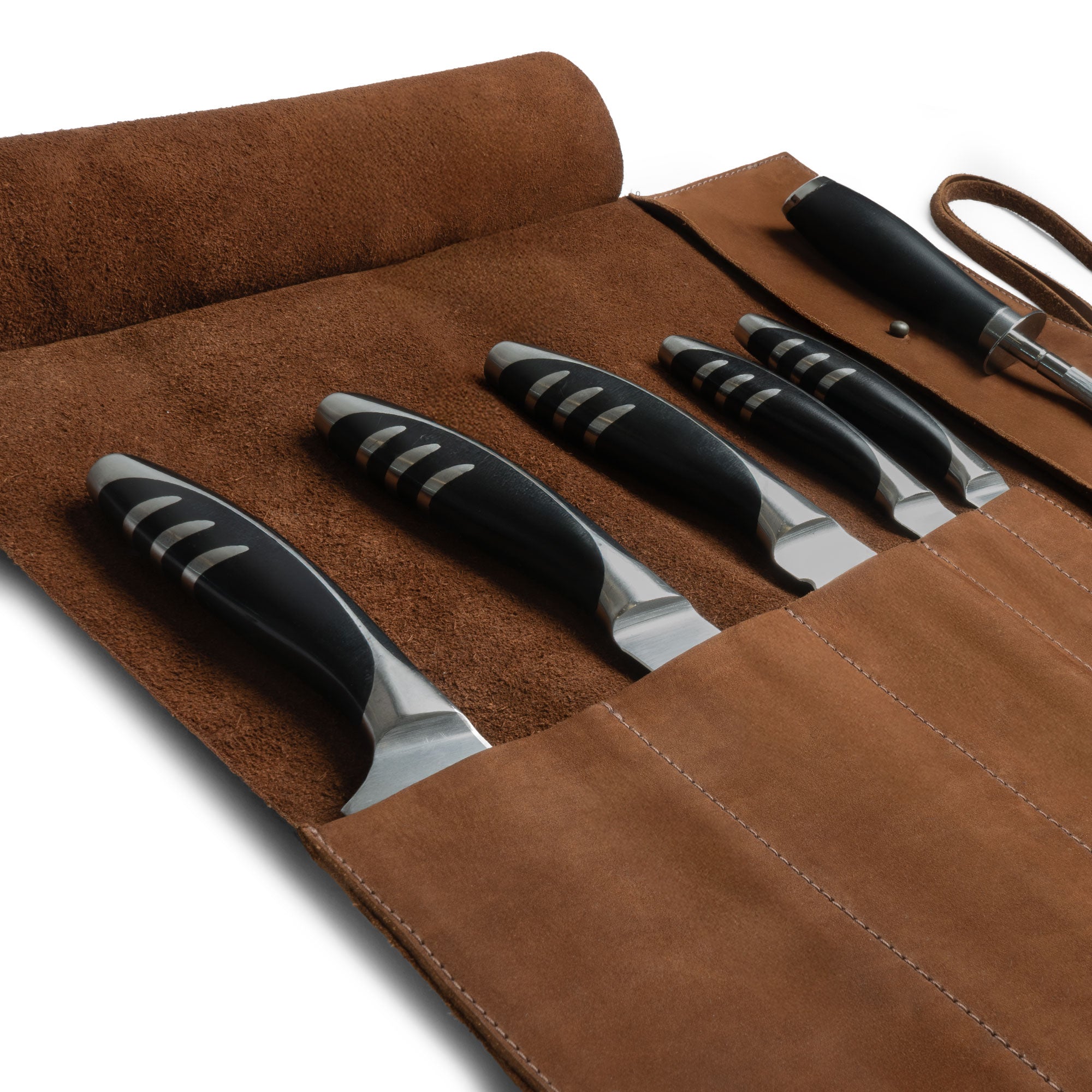 Hide & Drink Knife Roll (5 Pockets) featuring an elegant design in Full Grain Leather for the culinary enthusiast. A practical Chef Knife Bag that acts as a portable carrying case for knives, embodying artisan craftsmanship with small batch production methods, hand cut, and hand sewn details.