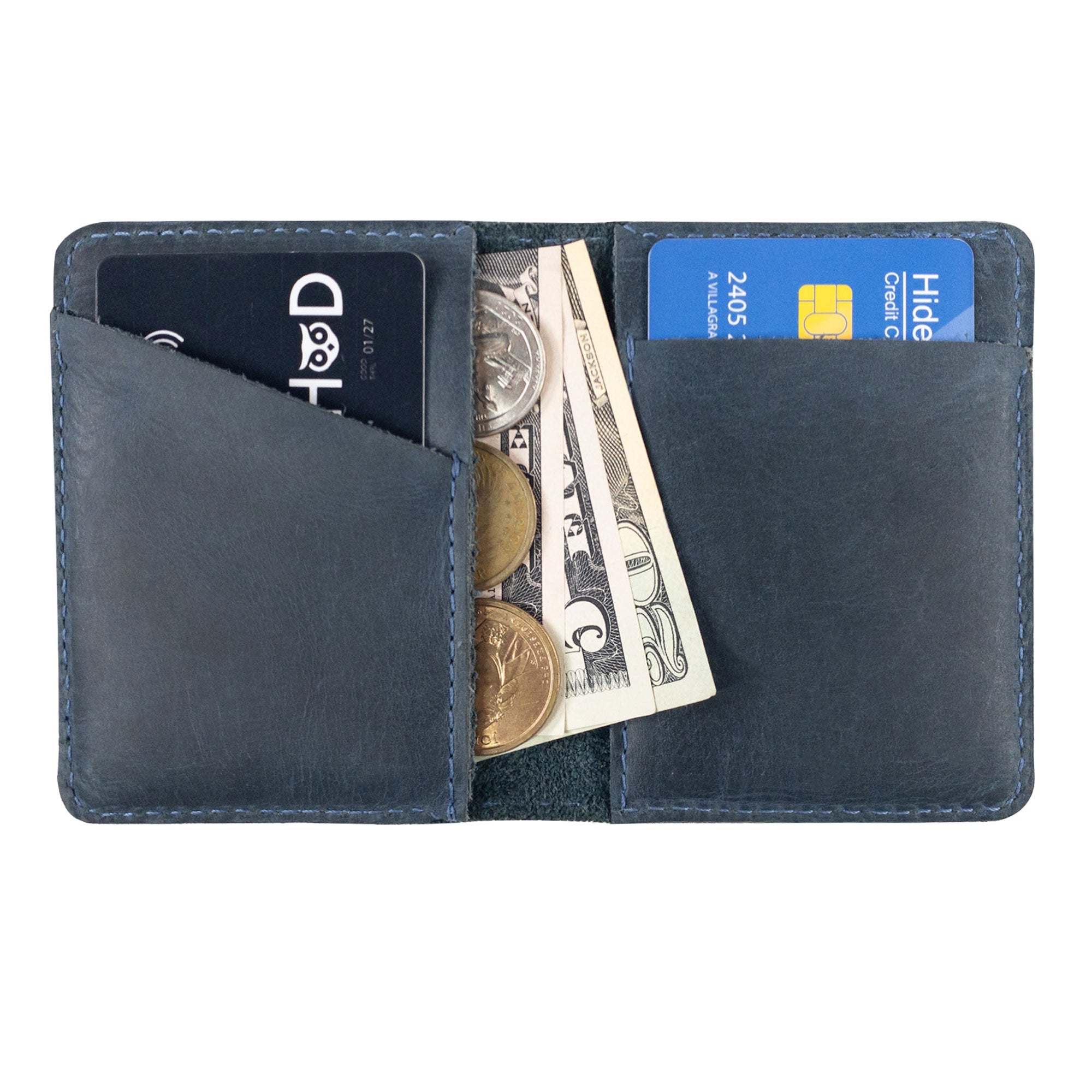 Interior shot of Hide & Drink Bifold Wallet displaying card slots and cash compartment, highlighting its role as a slim card holder made from robust full grain leather.