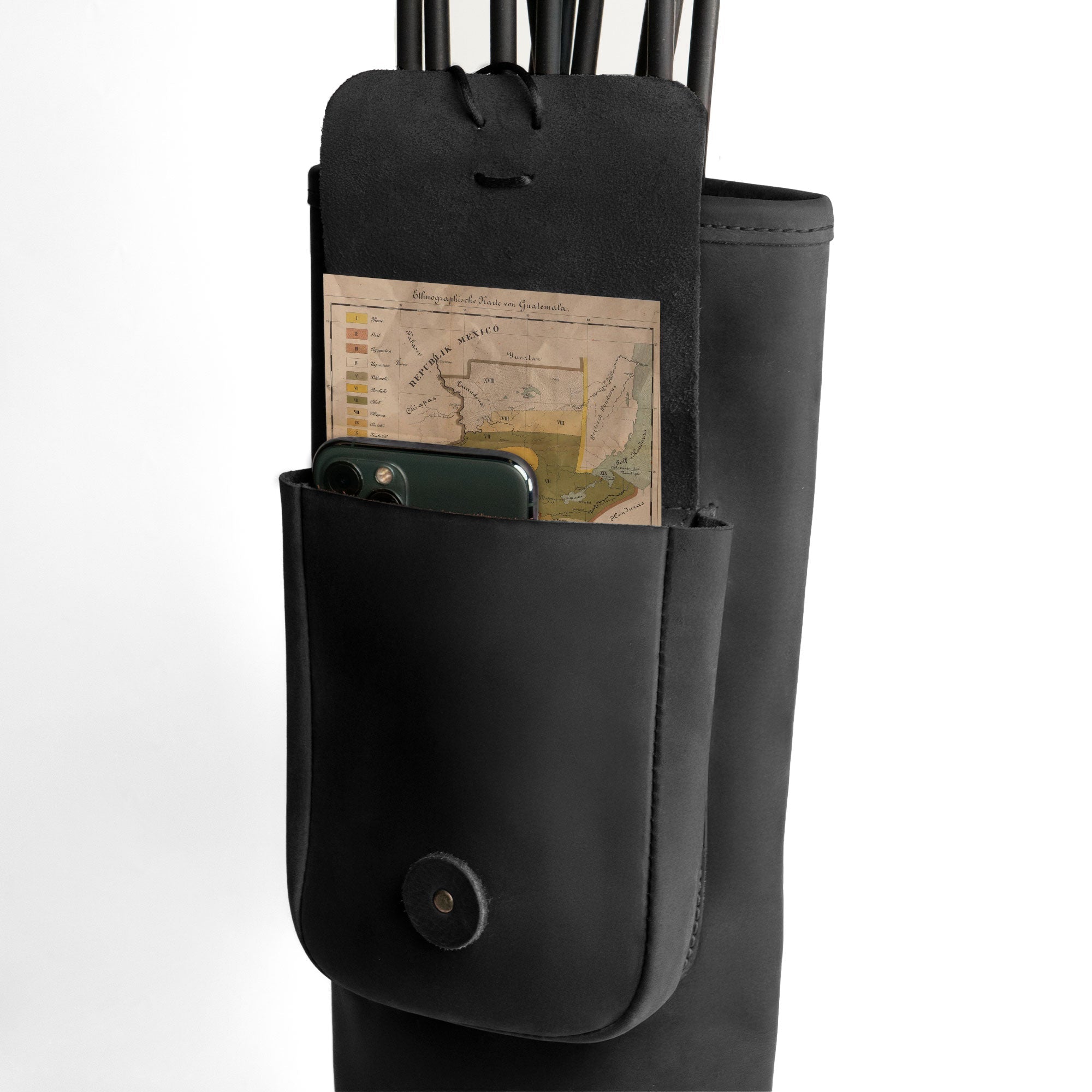 Close-up view of a black Premium Back Quiver by Valhalla Gear, highlighting a pouch for items. This Rectangular Back Quiver with Adjustable Straps works as a Handmade Arrow Quiver Holder for Arrows, tailored for Archery Sports and Bow Hunting. Made from Full Grain Leather, it represents quality through Small Batch Production, Hand Cut, and Hand Sewn artisanal techniques.