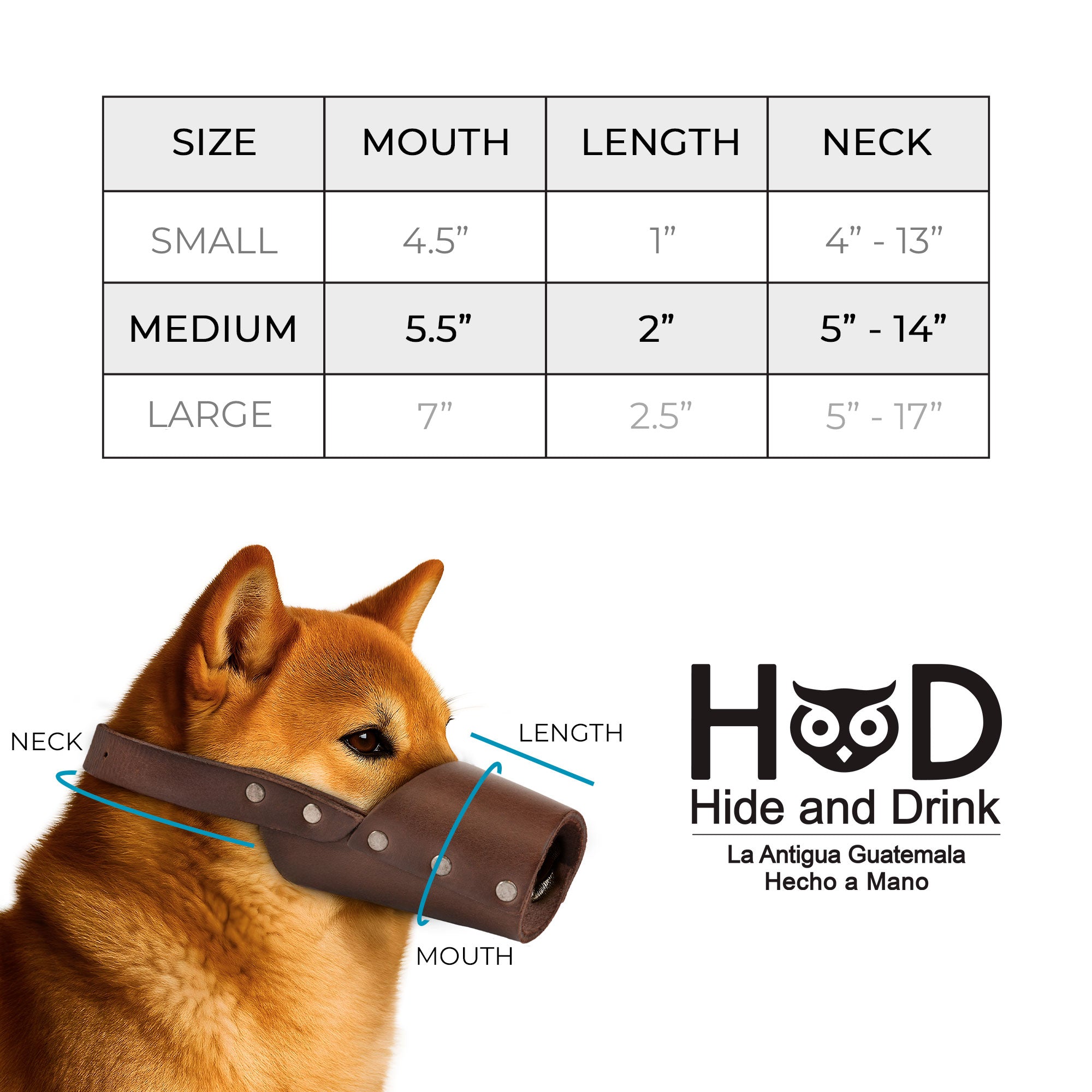 Illustrative size chart for the Riveted Dog Muzzle by Hide & Drink, detailing measurements. Perfectly designed for dogs to prevent biting and chewing, this artisan-crafted muzzle guard features full grain leather and is suitable for all breeds, including Pitbulls and German Shepherds, made in La Antigua Guatemala & Oaxaca Mexico.