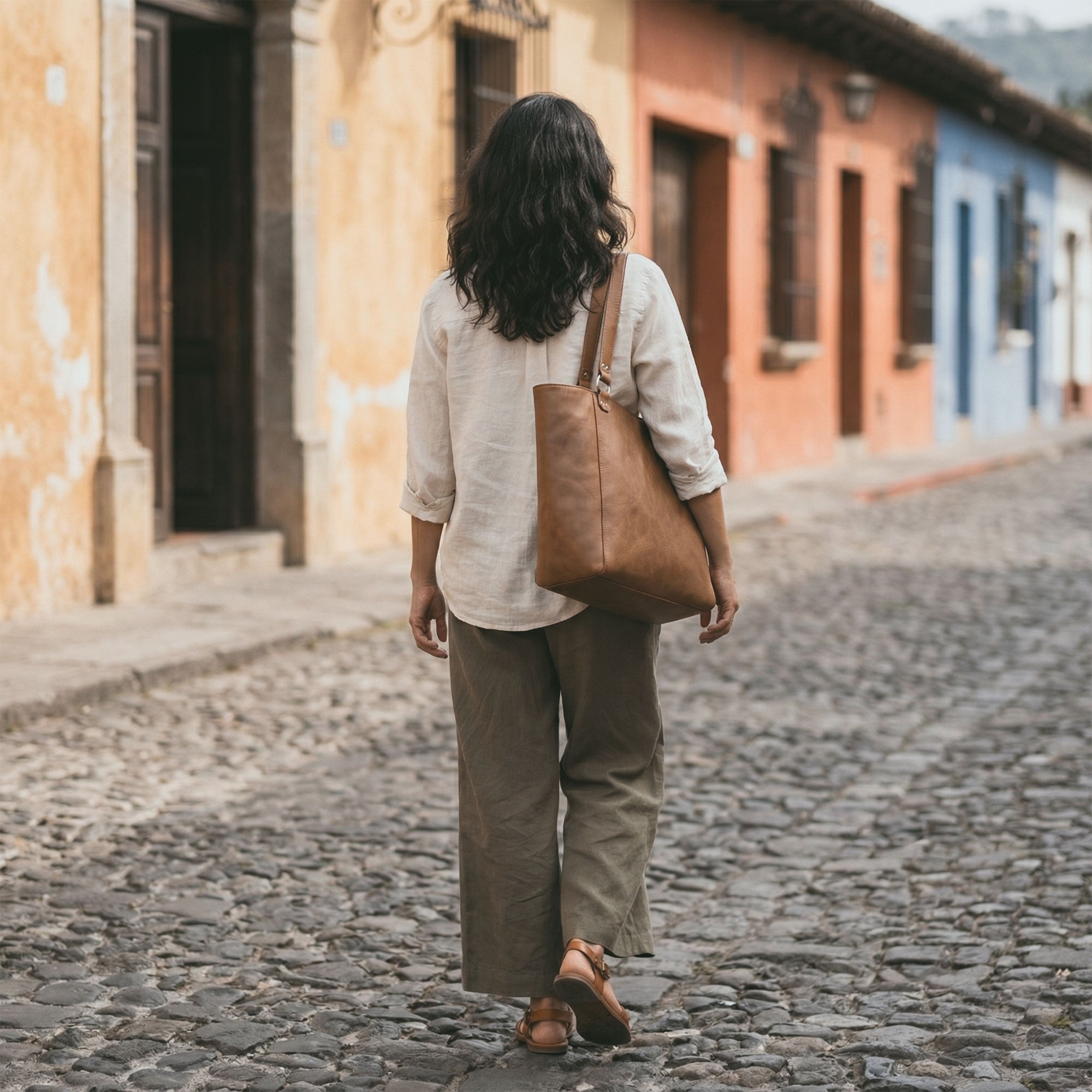 Front view of the Leather Formal Handbag by Hide & Drink, showcasing the elegant Full Grain Leather design. This artisan handbag is perfect for various occasions as a Female Formal Handbag, Shoulder Bag, or Shopping Bag, especially for girls. Handmade in La Antigua Guatemala & Oaxaca Mexico.