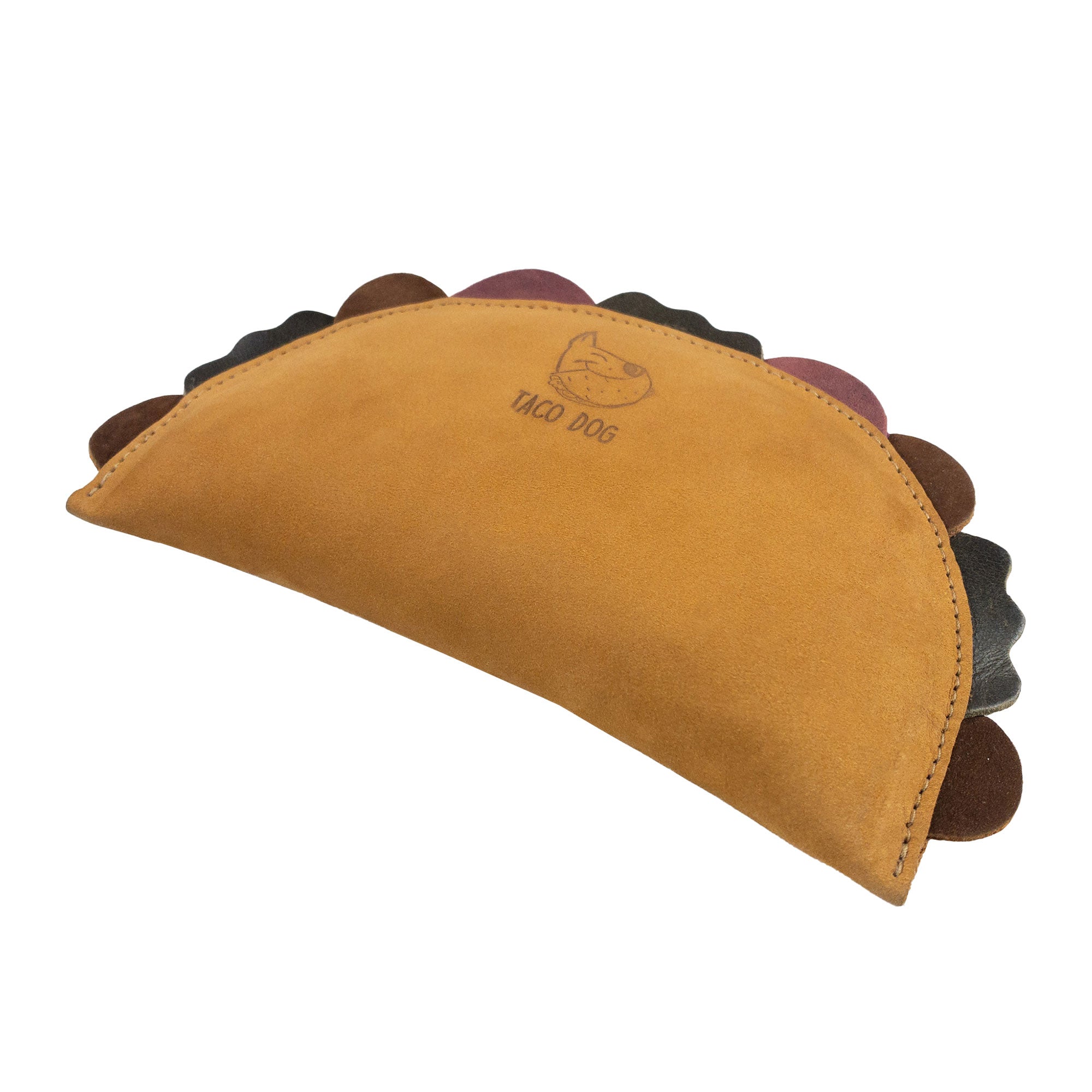 Close-up of Taco Dog's Taco-Shaped Chew Dog Toy, featuring a unique artisan design in full grain leather. Perfect for active chewers, this handmade accessory stands out with its durable and vibrant colors, crafted in small batches.