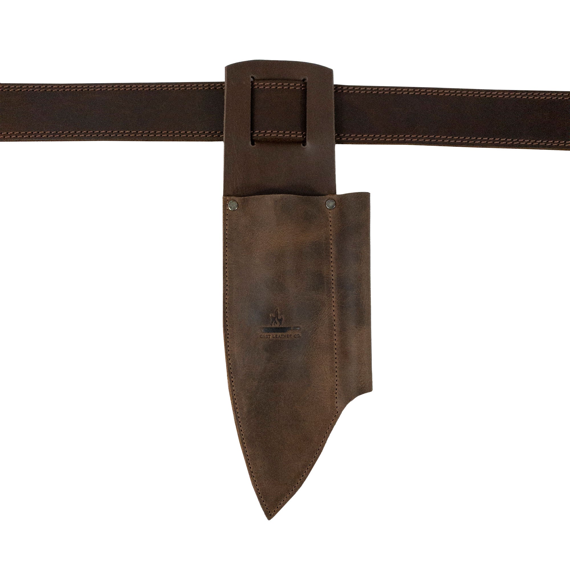 Knife Sheath with Sharpener Slot by Cast Leather Co., displaying the sheath on a belt showcasing its functional design. A rustic knife holster for belt, made from sturdy full grain leather as part of small batch production, handcrafted in La Antigua Guatemala.