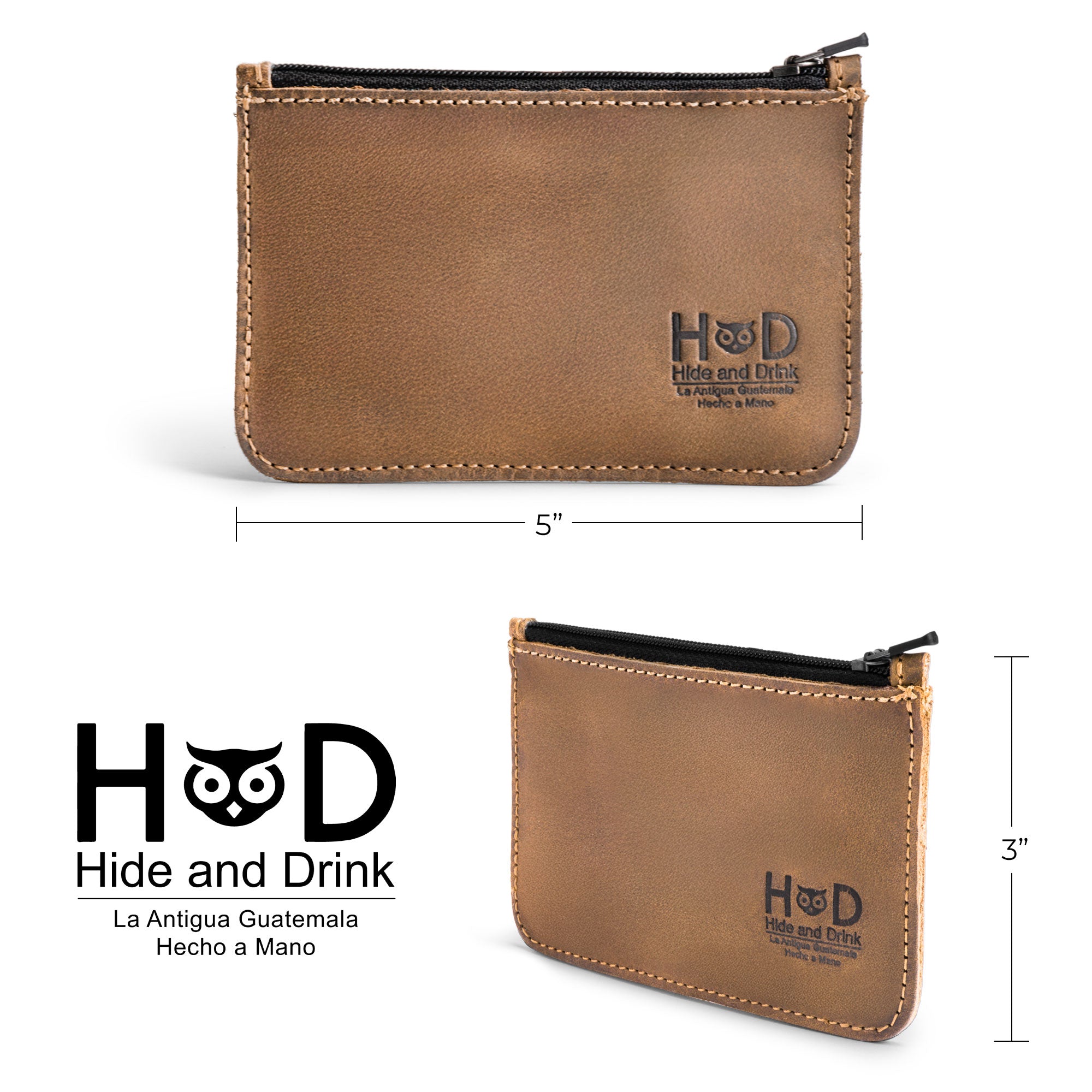 Front view of a different color Hide & Drink Zippered Wallet, showcasing its stylish design. This full grain leather wallet provides ample space for cards and cash, serving as a versatile travel accessory and demonstrating artisan craftsmanship.