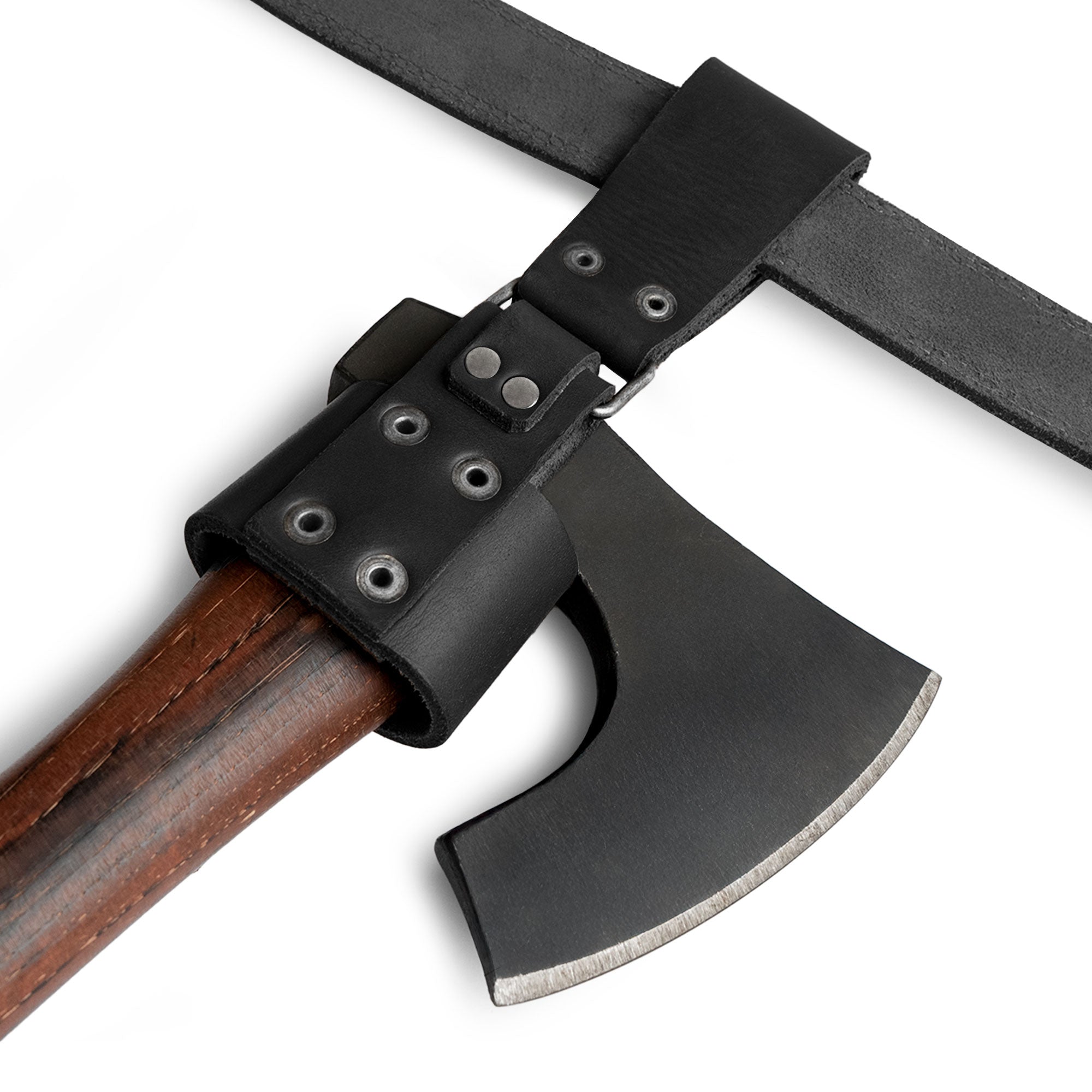 Valhalla Gear Axe Holder with Belt Loop attached to a belt, demonstrating its use as a stylish hip holster for tools. This handmade accessory from La Antigua Guatemala is crafted from full grain leather, ensuring both durability and aesthetic appeal.