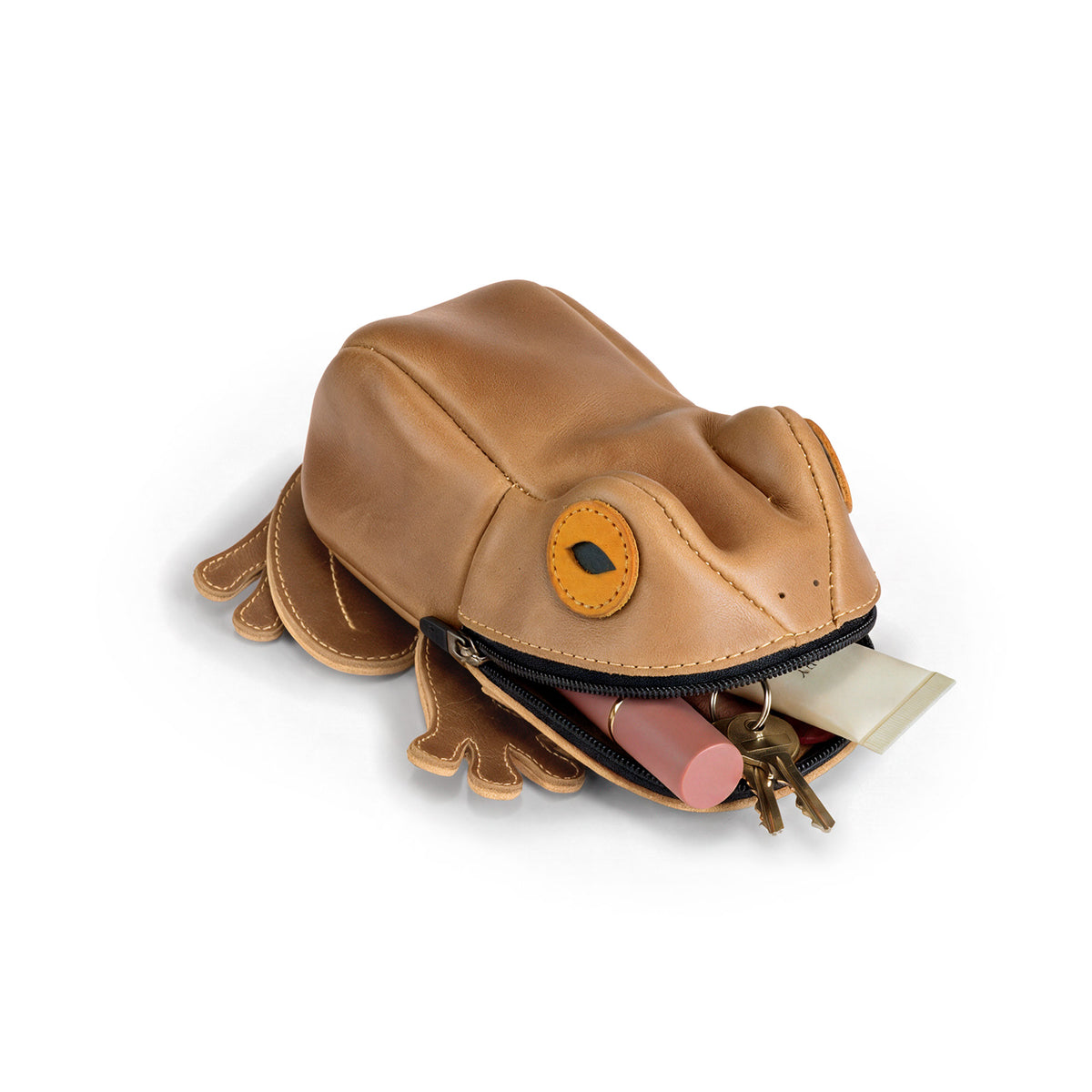 Open Tudi Frudi Frog Pouch displaying coins, keys, cash, and small essentials, highlighting its Frog-Shaped Pouch design as a Cable Organizer, Small Accessory Case, Zippered Cash Holder Wallet for Coins, and Change Purse for Pouches for Men and Women; made with Full Grain Leather by StockyardX using Small Batch Production, Hand Cut, Hand Sewn, Fire Branded, Artisan, Handmade in La Antigua Guatemala & Oaxaca Mexico.